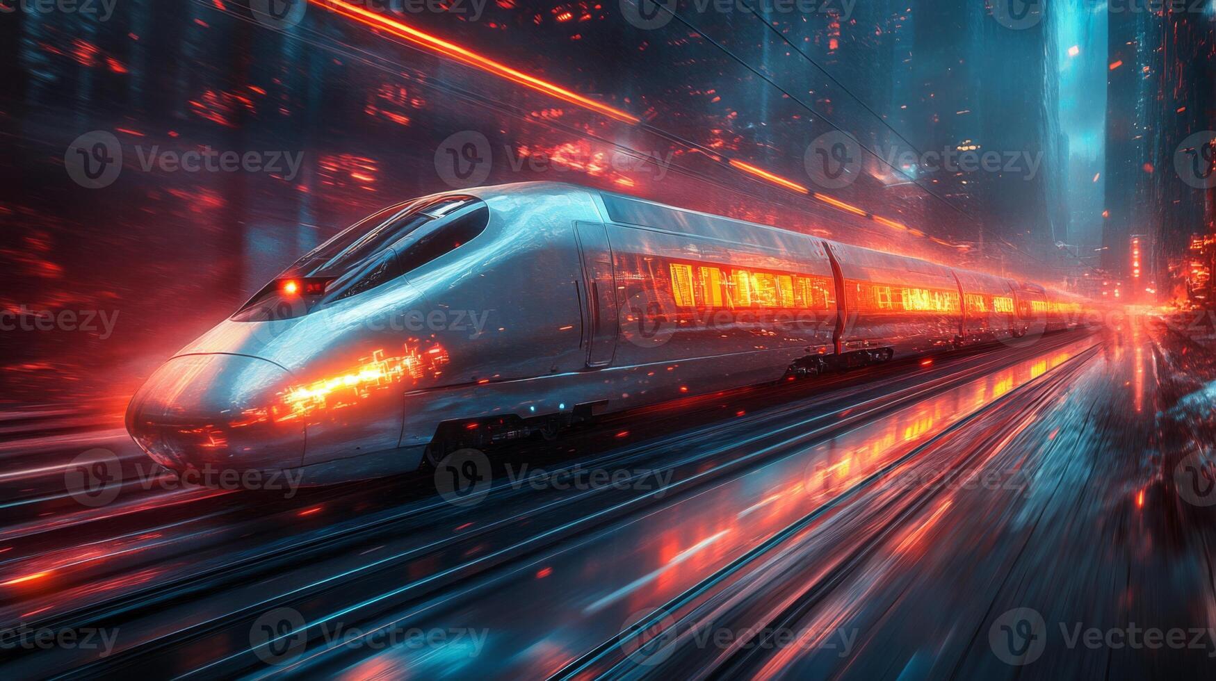 A futuristic smart train speeds through a vibrant, digitally enhanced cityscape at night, showcasing advanced automation and innovative transportation solutions. photo