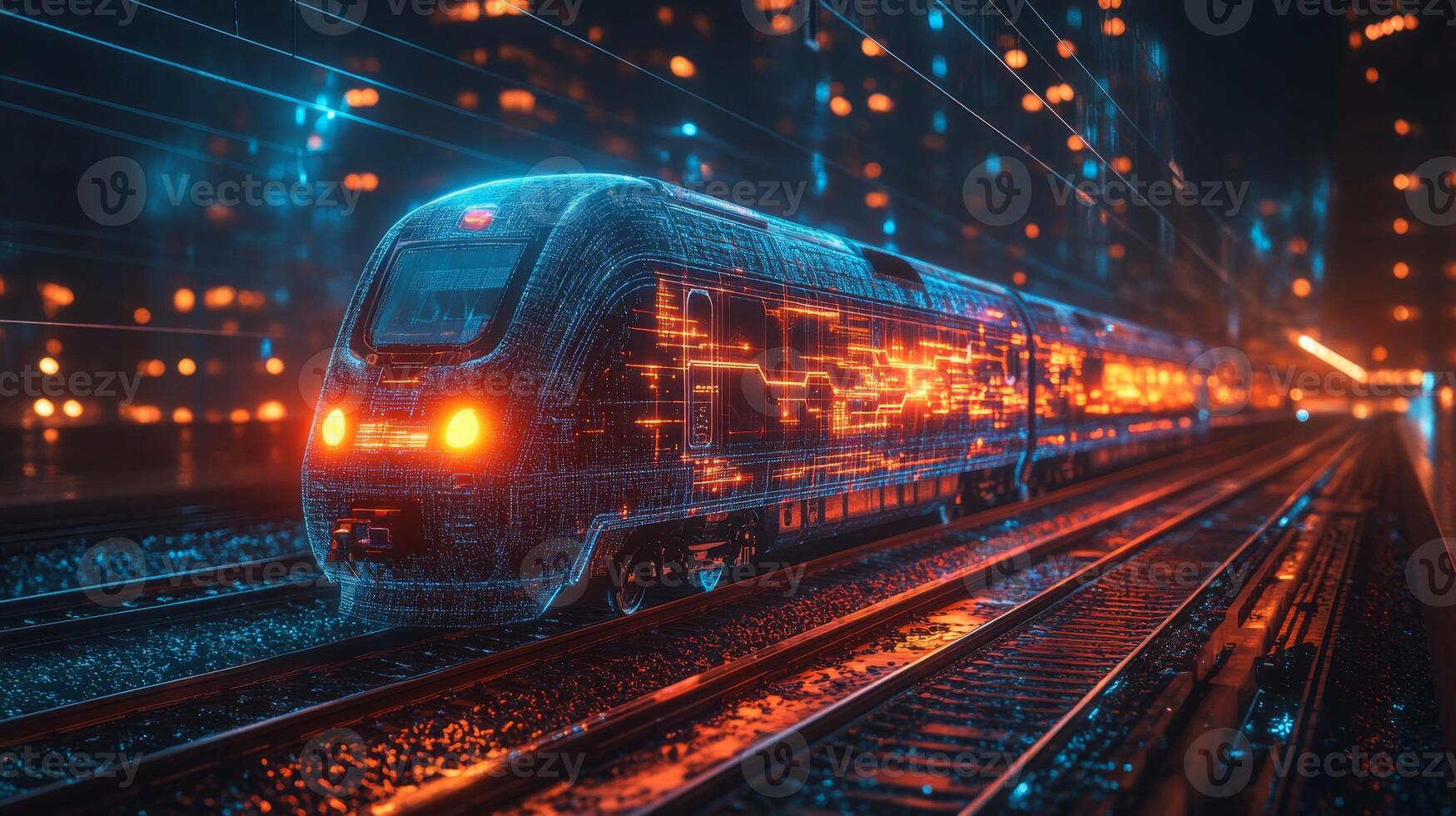 A smarttrain is traveling along tracks in a futuristic urban environment illuminated by dazzling neon lights, demonstrating advanced logistics and automated mobility technologies. photo
