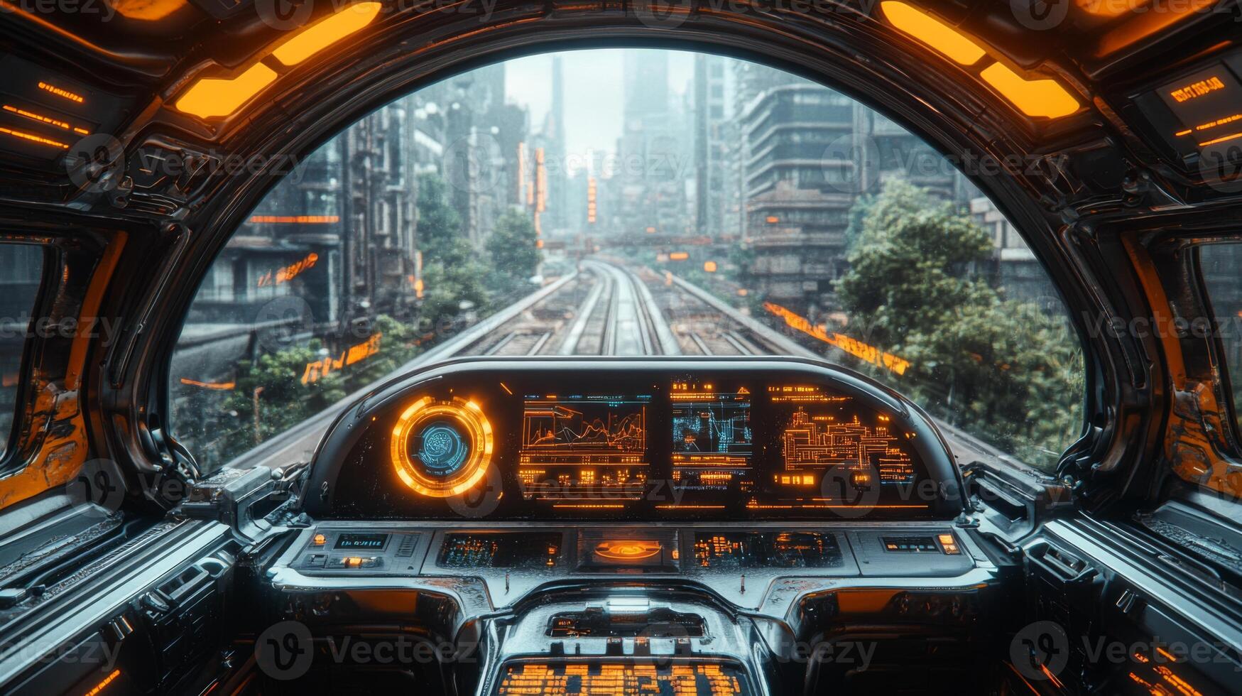 Futuristic control system provides real time data on urban transit networks. Automated trains operate seamlessly within a thriving metropolis under a digital skyline. photo