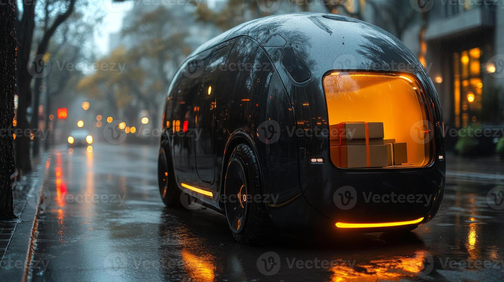 An autonomous delivery vehicle moves through city streets under rainy conditions, showcasing modern logistics and robotics in last mile transportation, equipped with packages for delivery. photo