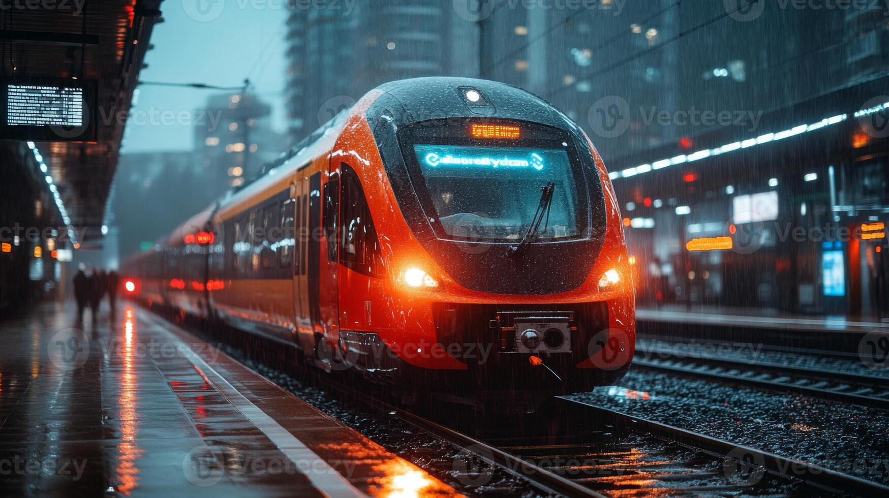 Rain soaked station features an autonomous smarttrain preparing for departure as commuters wait on the platform amidst urban infrastructure. photo