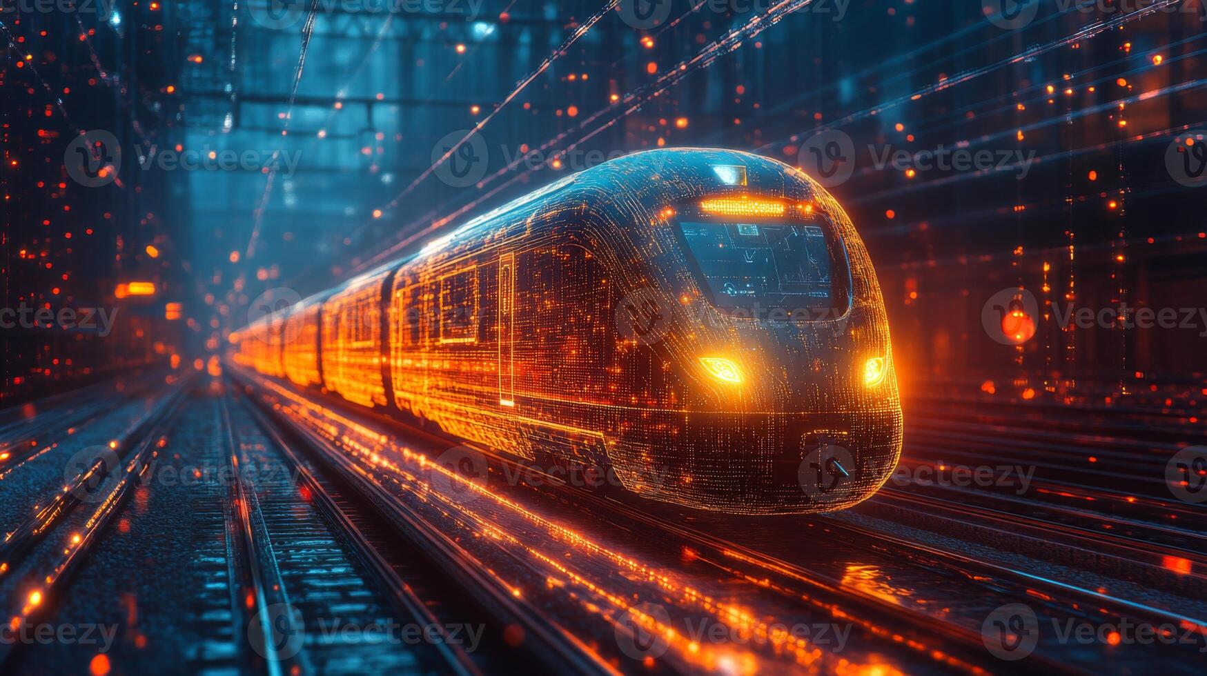 A cutting edge smart train travels along illuminated tracks in a bustling city, emphasizing automation and advanced control systems for efficient mobility and infrastructure. photo
