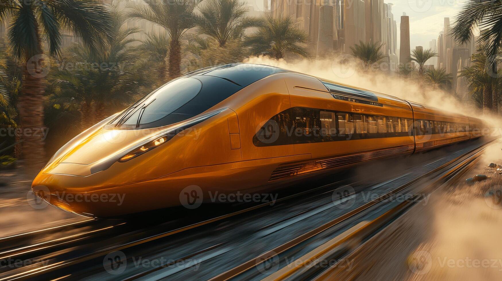 A smart train travels swiftly on tracks in a desert setting, blending advanced technology and automation with a striking design amid palm trees and tall buildings. photo