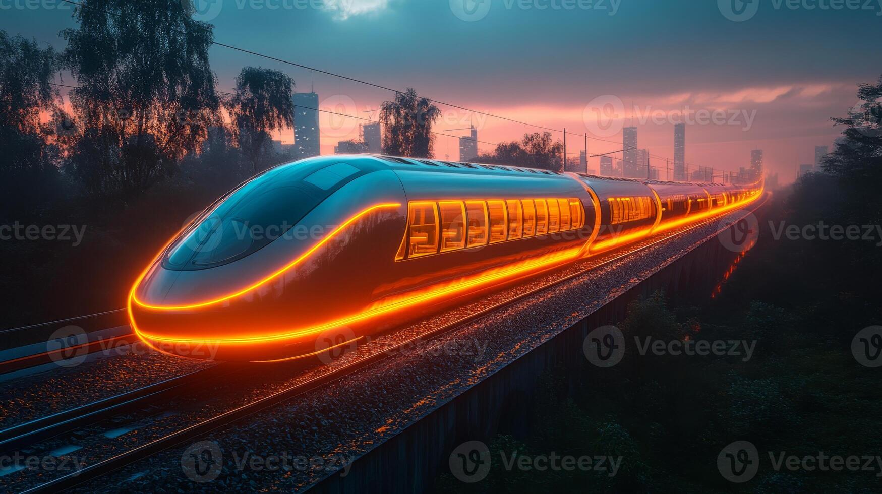 A futuristic smarttrain moves along the tracks in a city setting at dusk, illuminated with vibrant lights. The train represents advancements in automation and transportation infrastructure. photo