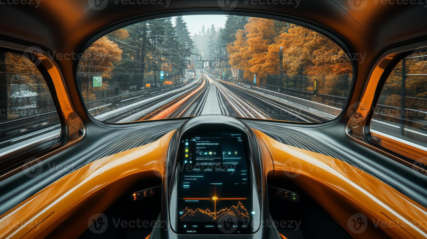 View from inside a modern autonomous train showcasing advanced control systems and seamless mobility along a picturesque railway surrounded by vibrant autumn foliage. photo