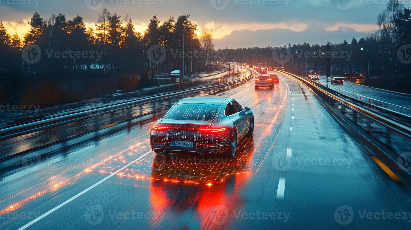 Rain soaked road illuminated by sunset, showcases an autonomous vehicle utilizing smart technology and connectivity to enhance mobility and traffic flow in an urban environment. photo