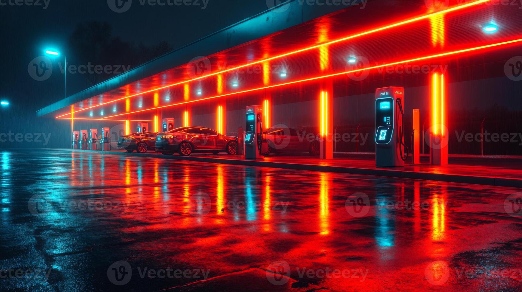Advanced electric vehicle charging station, showcases sleek design and atmospheric lighting while vehicles wait to be charged in a modern urban setting during night time. photo