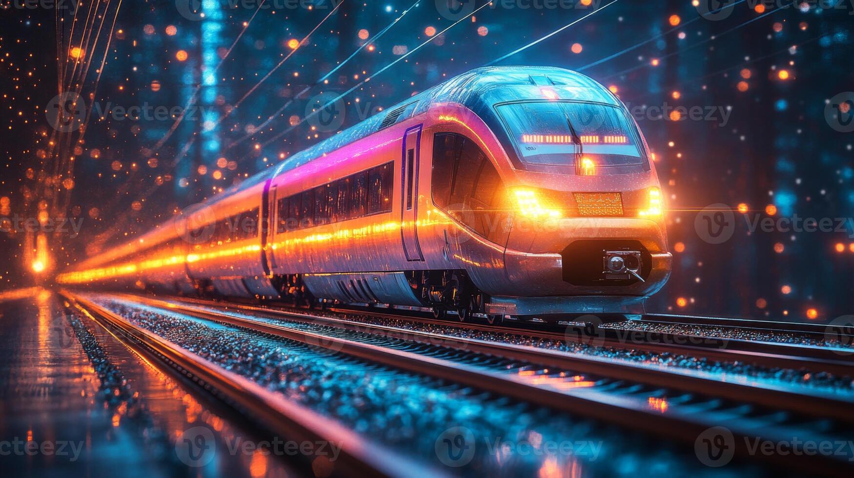 A futuristic smarttrain glides smoothly on illuminated tracks at night, illustrating the integration of AI and automation in modern transportation systems. photo
