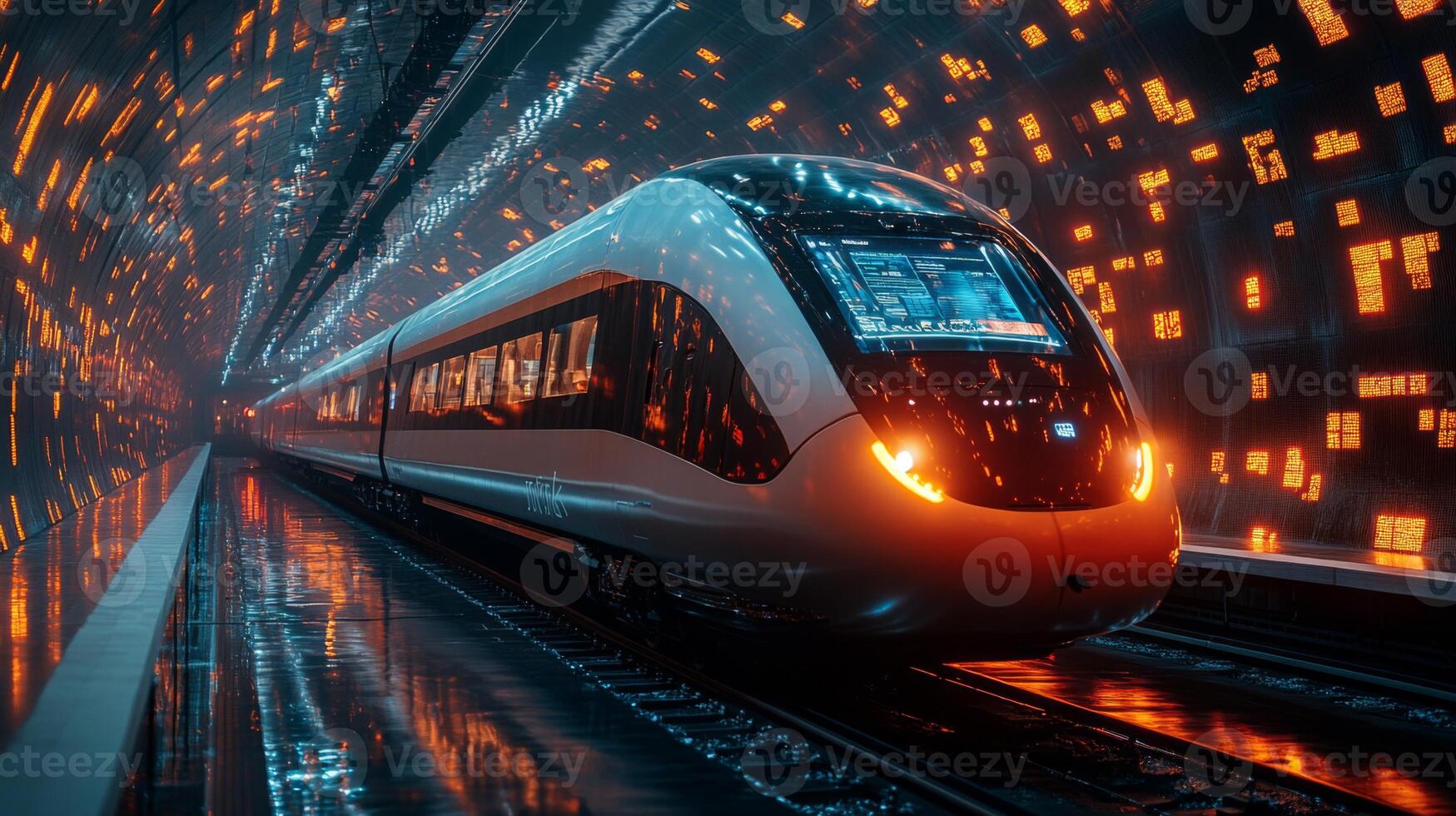 A sleek autonomous smart train travels through a vibrant, illuminated transport tunnel that highlights advanced logistics and modern infrastructure. photo