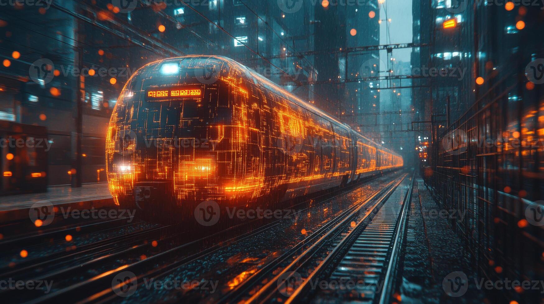 A smarttrain equipped with advanced automation technology moves through a vibrant urban environment illuminated by glowing digital patterns. photo