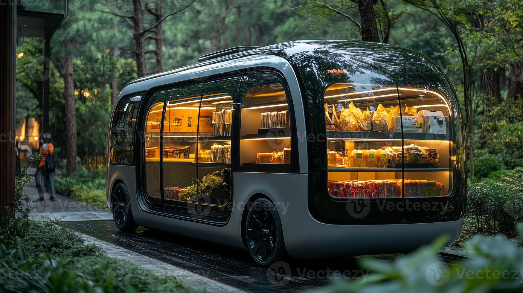 A futuristic delivery vehicle, equipped with transparent displays, is parked in a lush urban setting. photo