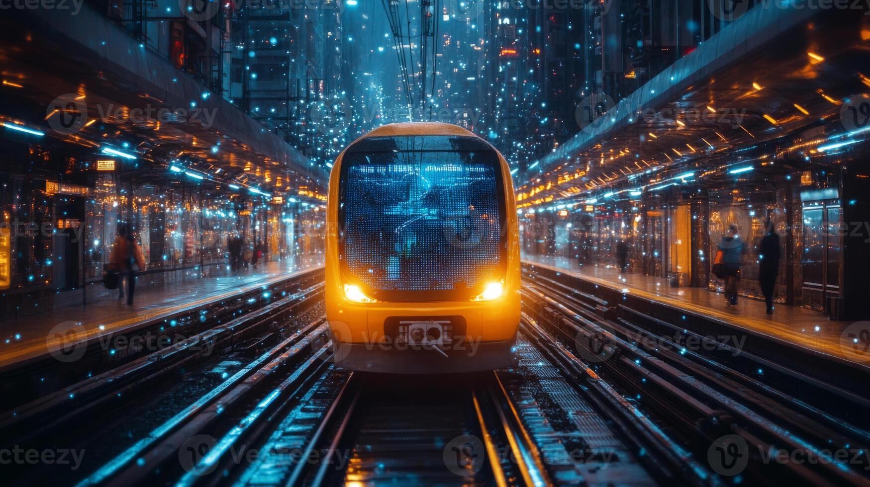 A smarttrain approaches a bustling station illuminated by vibrant lights, showcasing advancements in logistics, transportation, and automation technology during nighttime. photo