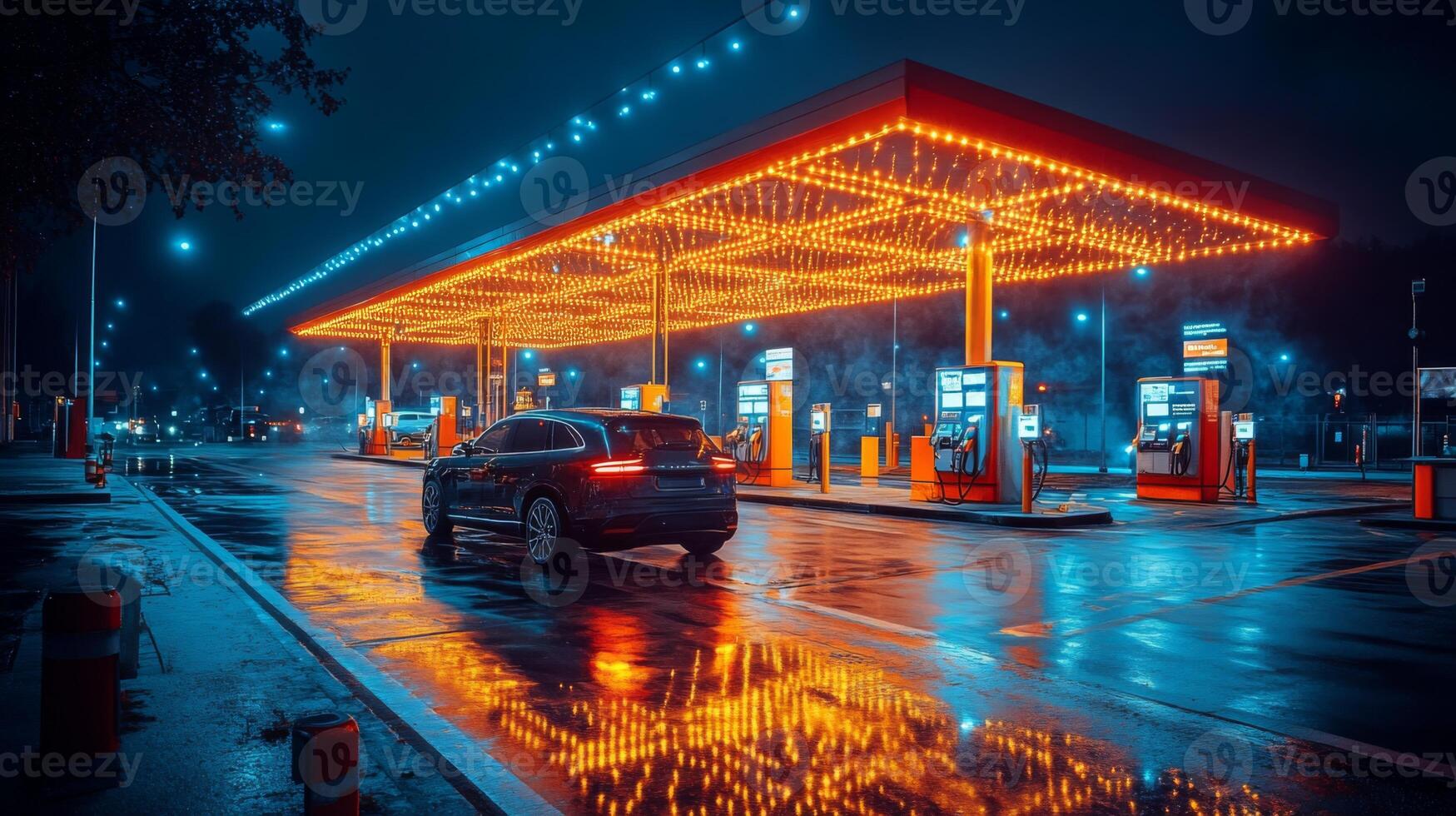 A sleek car approaches a bright electric vehicle charging station at night. Rain creates reflections on the ground, highlighting the innovation in infrastructure and renewable energy. photo