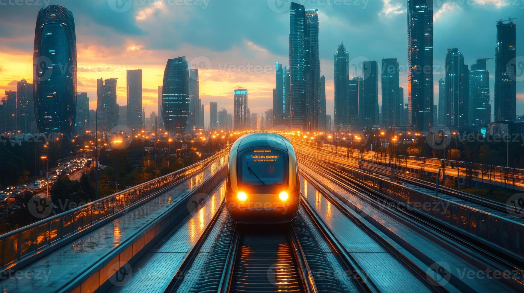 A cutting edge autonomous smart train travels along tracks illuminated by city lights, against a backdrop of a bustling urban skyline at dusk, highlighting advanced mobility solutions. photo