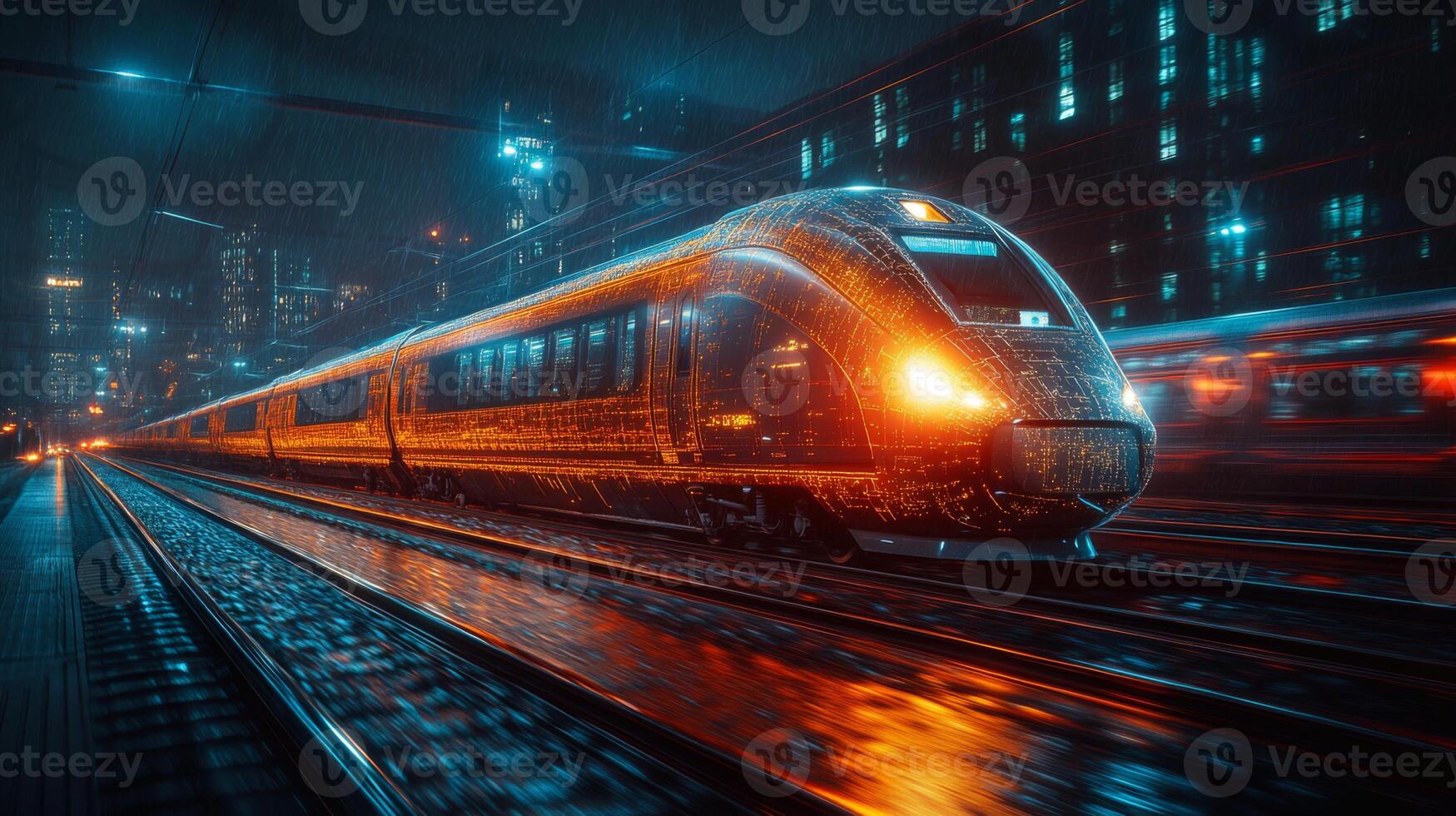 A sleek autonomous smarttrain navigates through a technologically advanced city with neon lights reflecting on wet tracks, showcasing the future of transportation and automation. photo