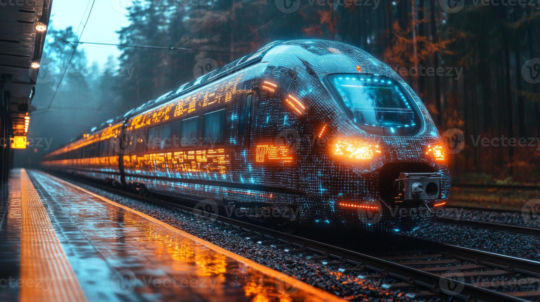 A futuristic smarttrain with glowing elements is arriving at a station during a rainy evening, reflecting advancements in AI and autonomous mobility within infrastructure. photo