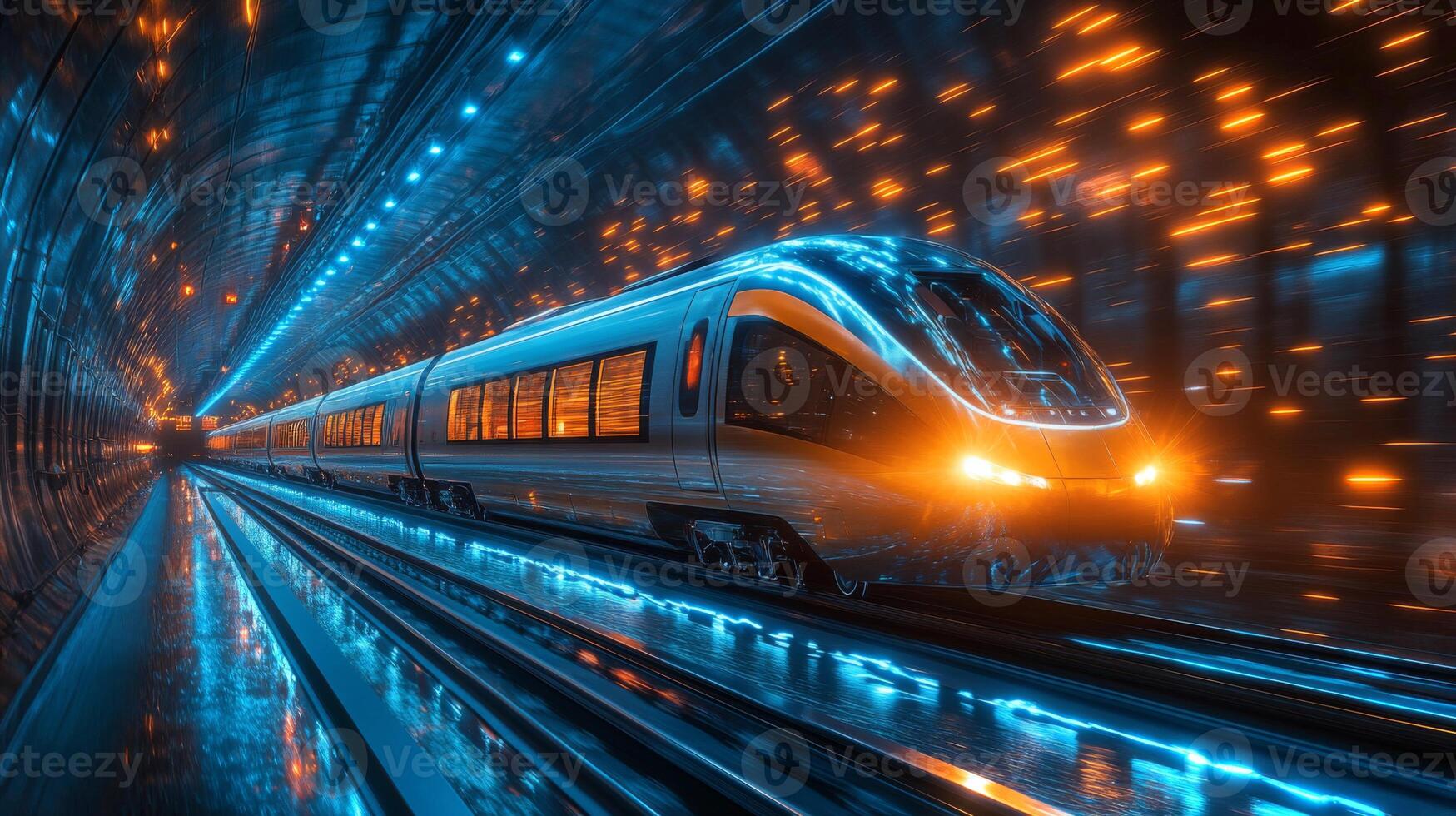 A sleek autonomous train operates within a high tech illuminated tunnel, showcasing the future of logistics and transportation powered by smart control systems and automation technologies. photo