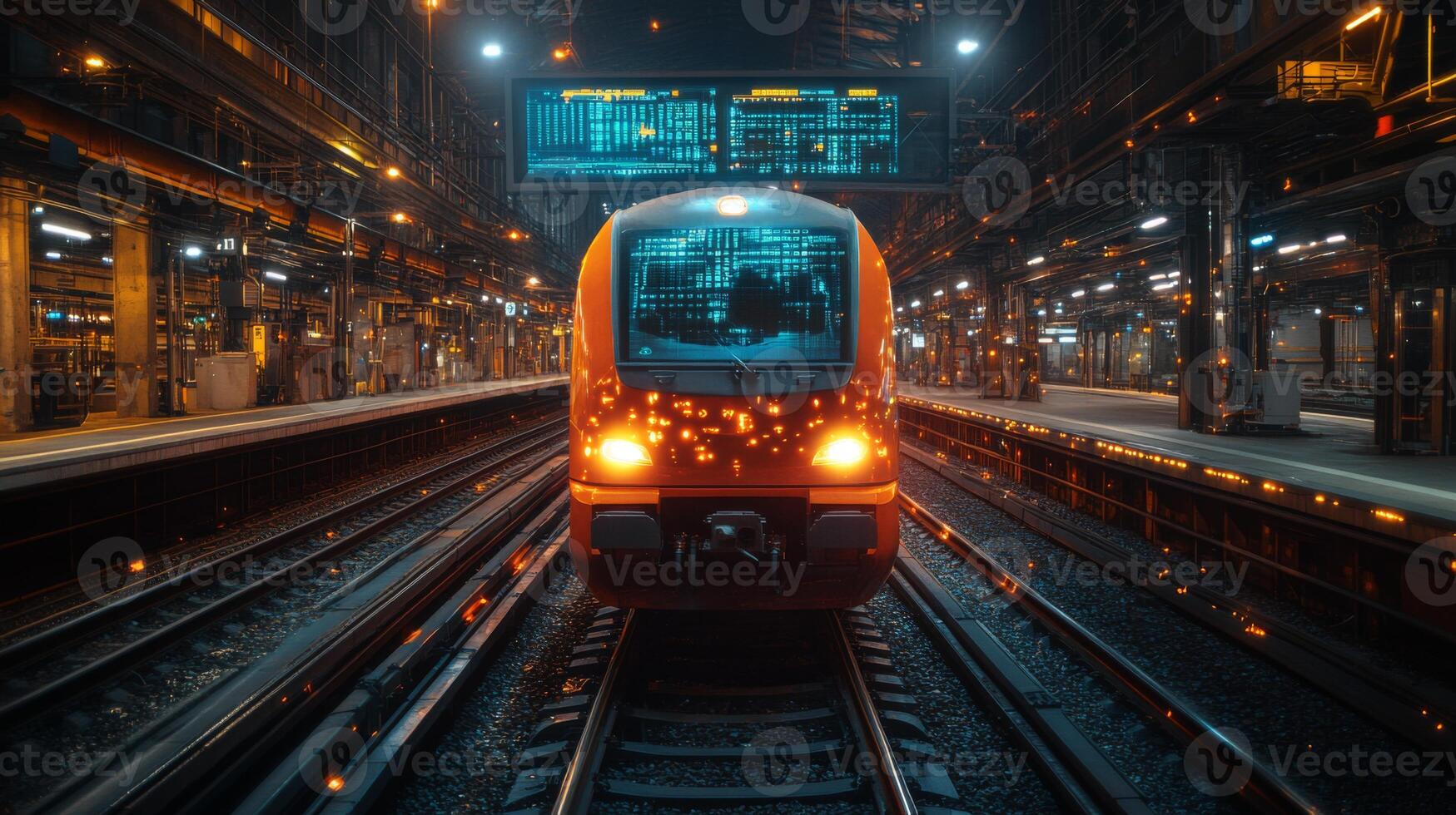 An autonomous train stands ready at a bustling transportation hub, illuminated by overhead lights and displaying real time travel information, signifying advancements in mobility and control systems. photo