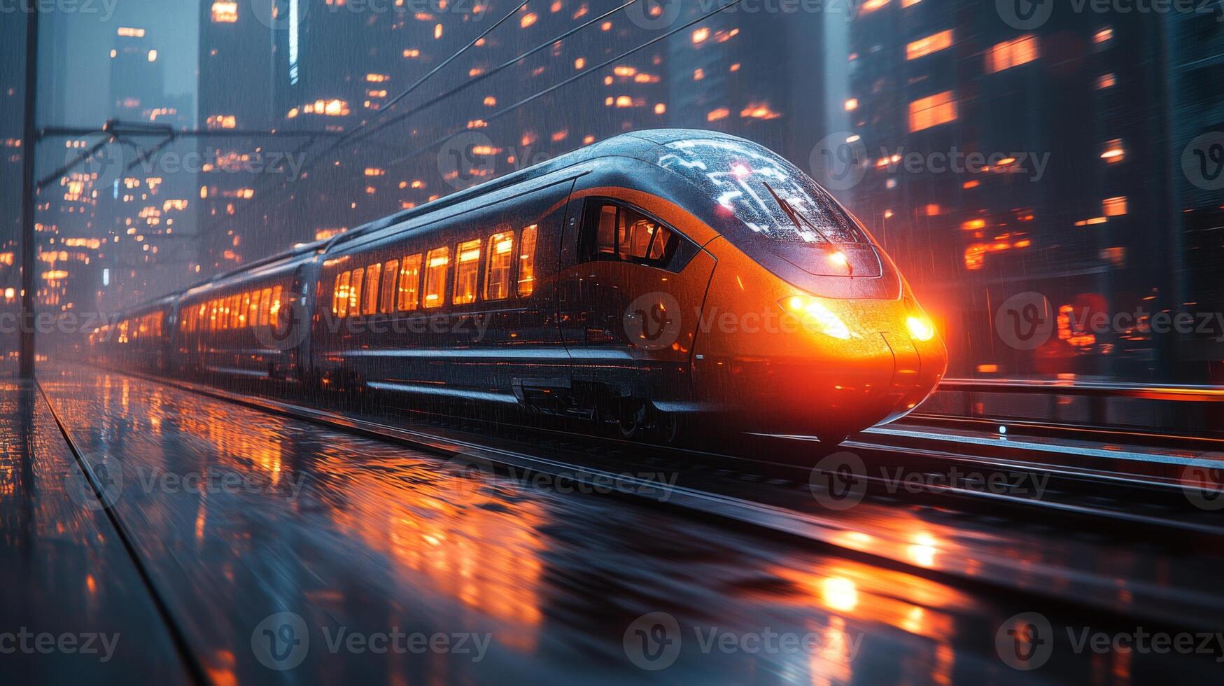 A smarttrain travels swiftly along the tracks in a bustling city during a rainstorm. The vibrant lights of skyscrapers reflect on the wet pavement, creating a dynamic atmosphere. photo