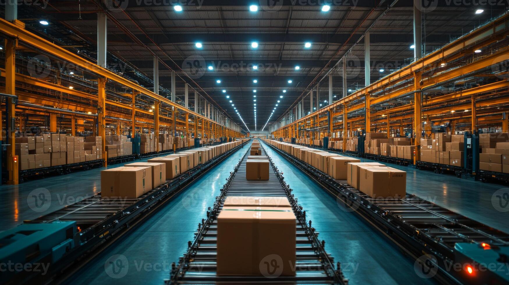 Automated systems transport neatly arranged boxes along tracks in a spacious logistics center. Bright lights illuminate the organized warehouse, enhancing efficiency in fulfillment activities. photo