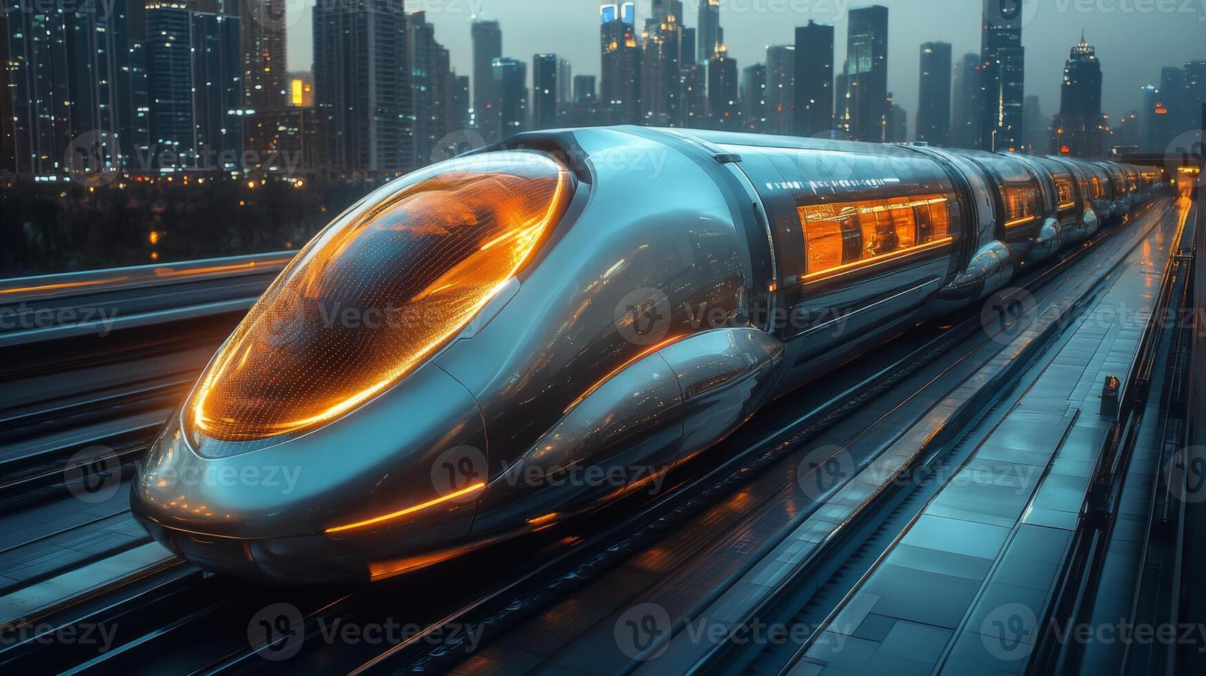 A sleek smarttrain equipped with cutting edge automation and AI technology stands ready on the tracks, illuminated against a backdrop of towering skyscrapers at dusk. photo