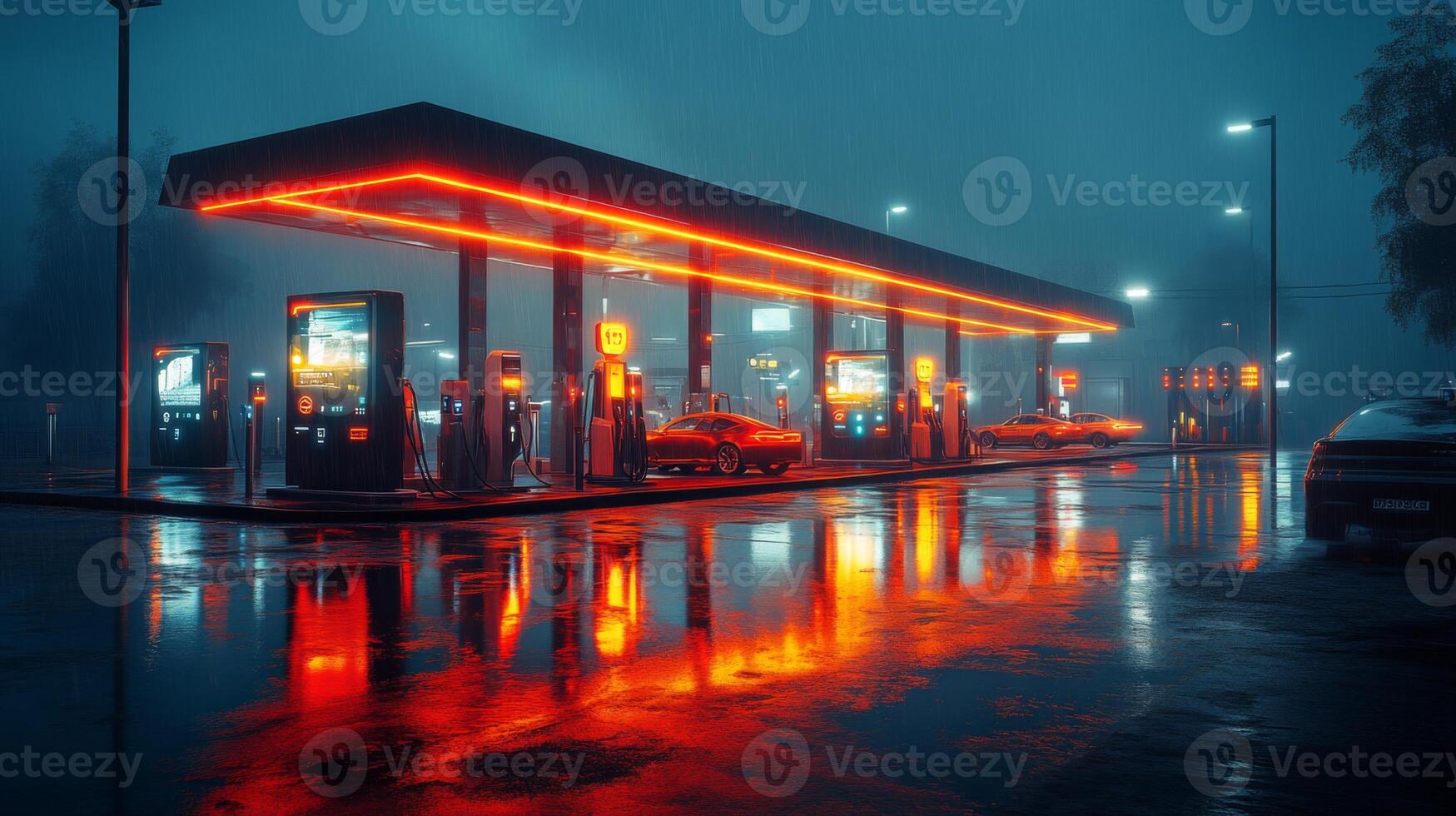 Modern electric vehicle charging station illuminated by vibrant lights during nighttime, showcasing infrastructure designed for renewable energy and mobility solutions. photo