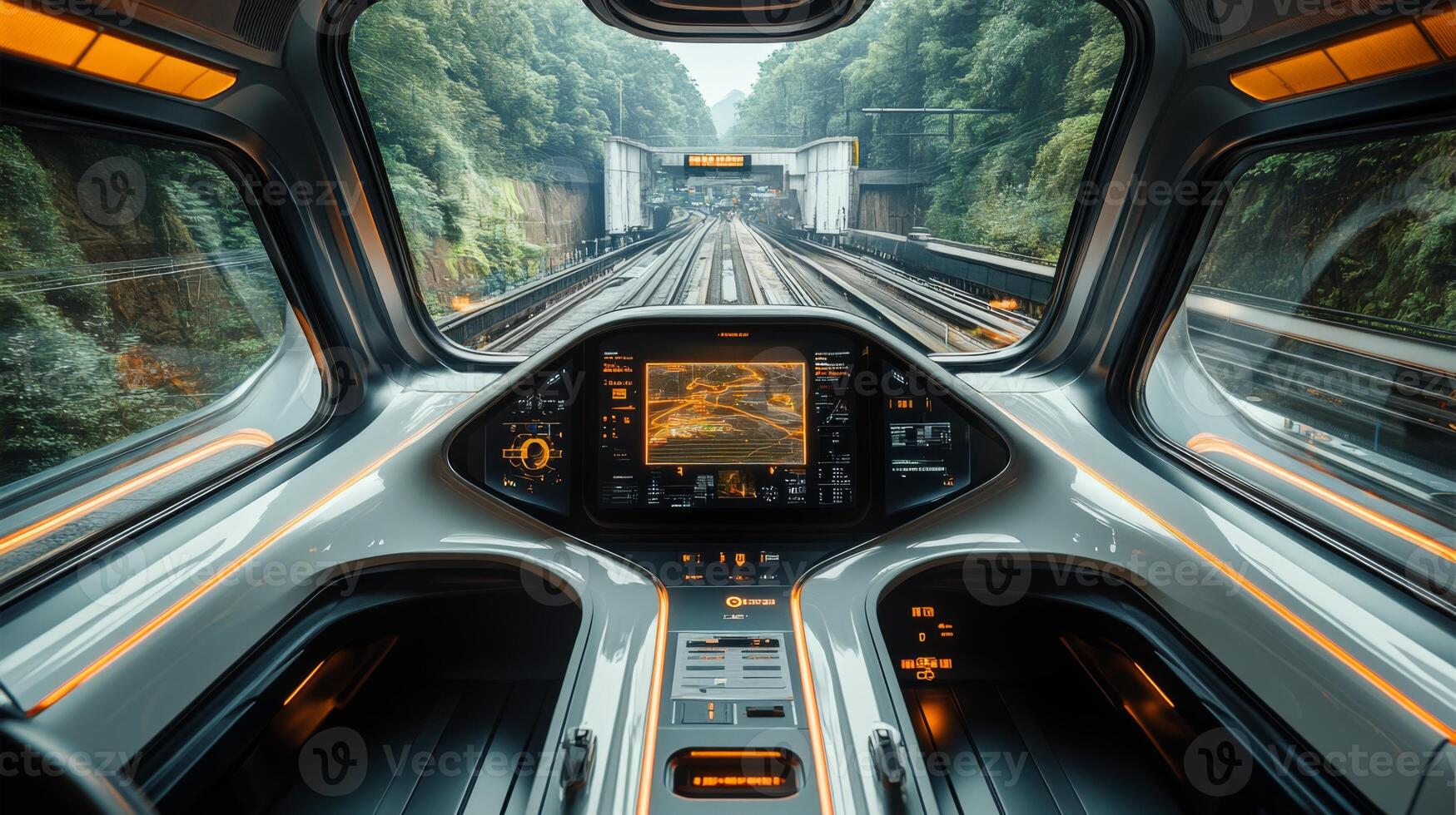 The advanced control system displays key information as the autonomous train travels through a lush green landscape, showcasing automation in transportation and smart mobility solutions. photo