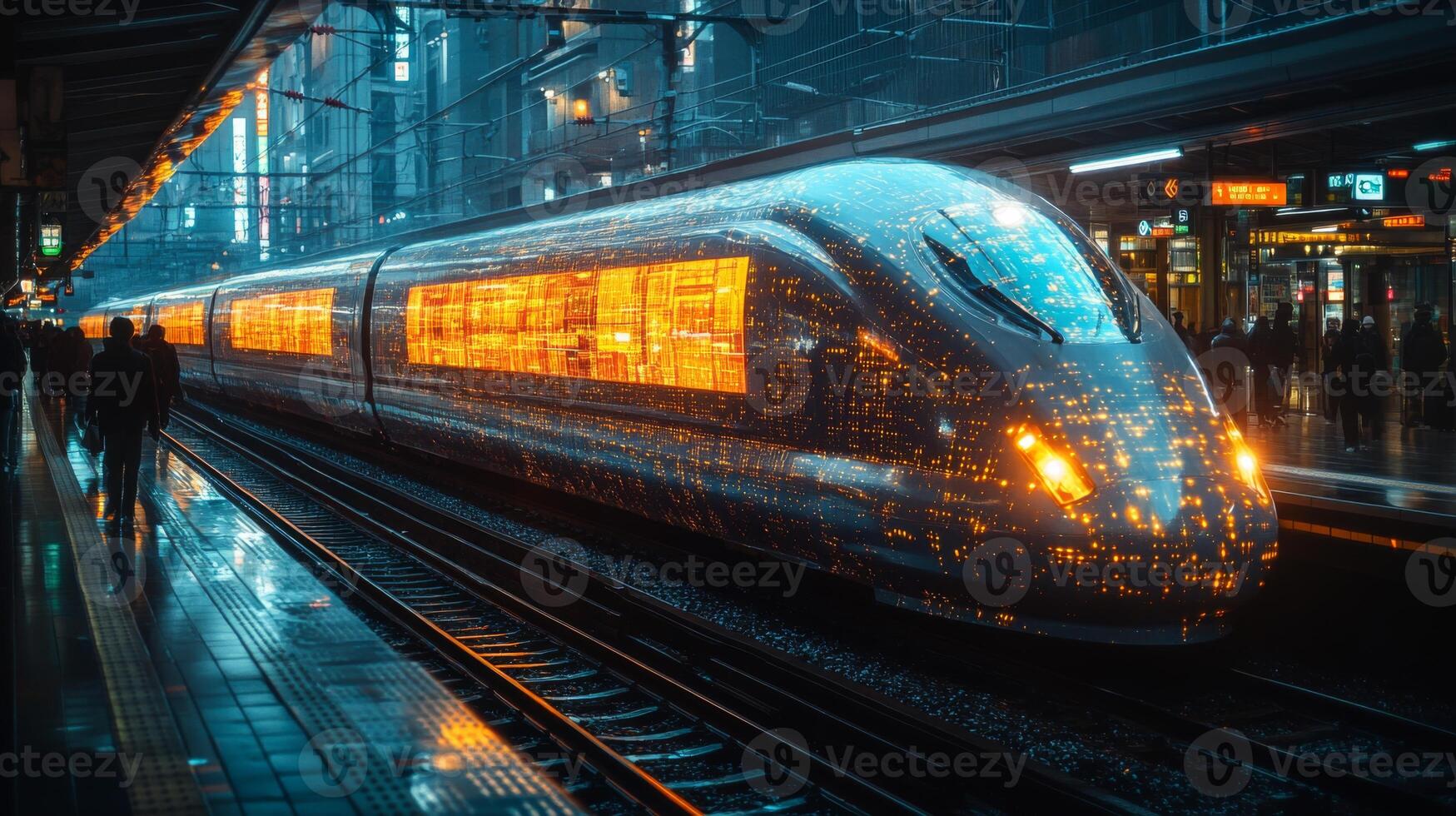 A sleek, futuristic autonomous train arrives at a crowded urban station, illuminated by surrounding lights. The platform buzzes with passengers eager for efficient travel. photo