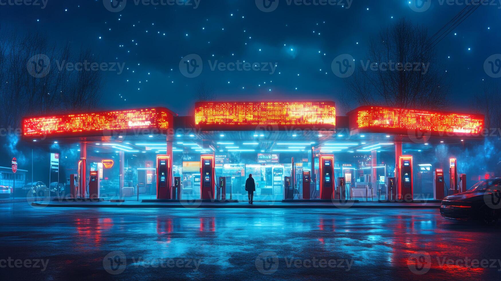 A modern mobility hub illuminated by vibrant neon lights hosts multiple automated charging stations for electric vehicles at night, highlighting innovations in transportation and electrification. photo