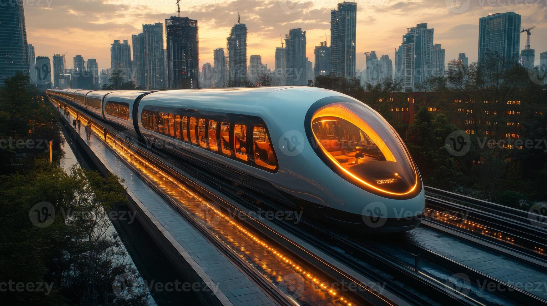 An innovative smarttrain glides above the urban landscape as skyscrapers stand tall amidst a vibrant sunset, showcasing advanced technology and automated transportation solutions. photo