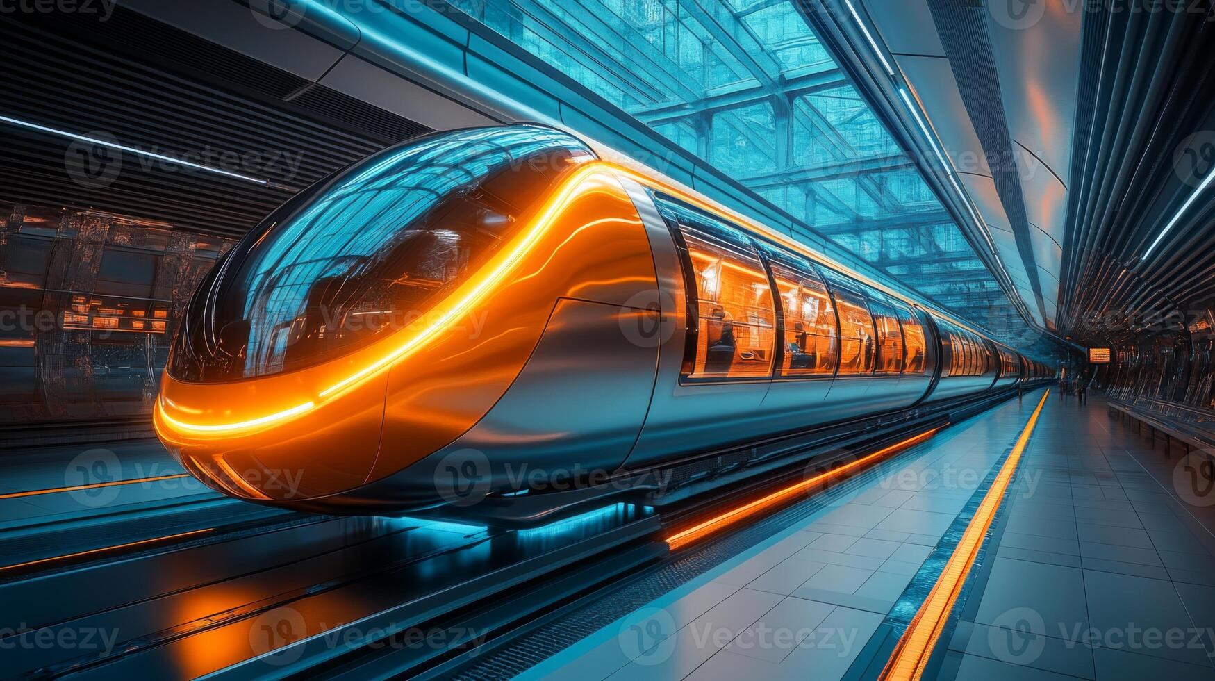 A sleek smarttrain awaits departure in a high tech transportation terminal designed for efficiency and automation, showcasing vibrant lighting and a focus on modern infrastructure solutions. photo