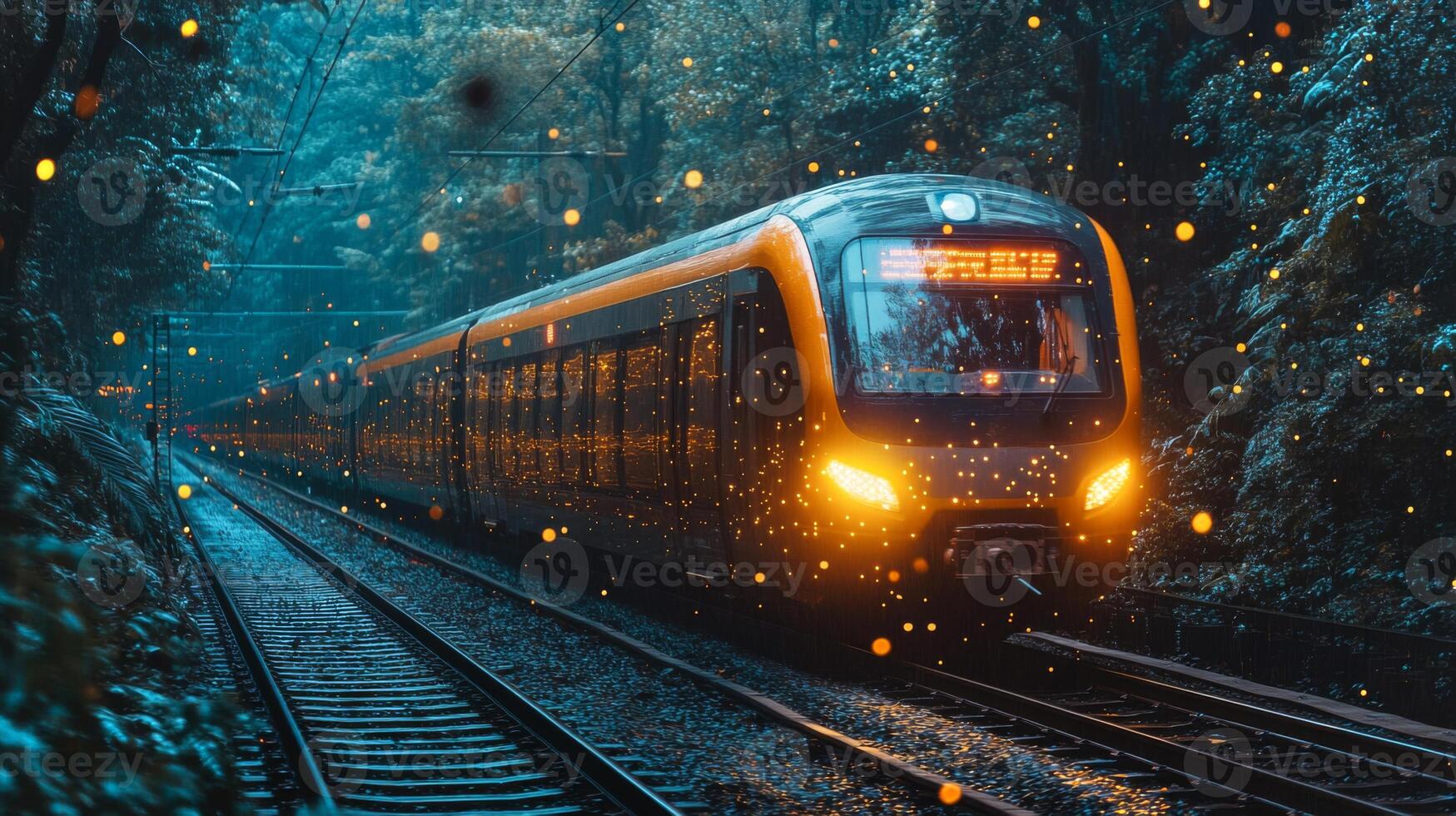 A smarttrain moves smoothly along the tracks in a tranquil forest setting during twilight. The scenery highlights the blend of nature and technology in modern infrastructure. photo