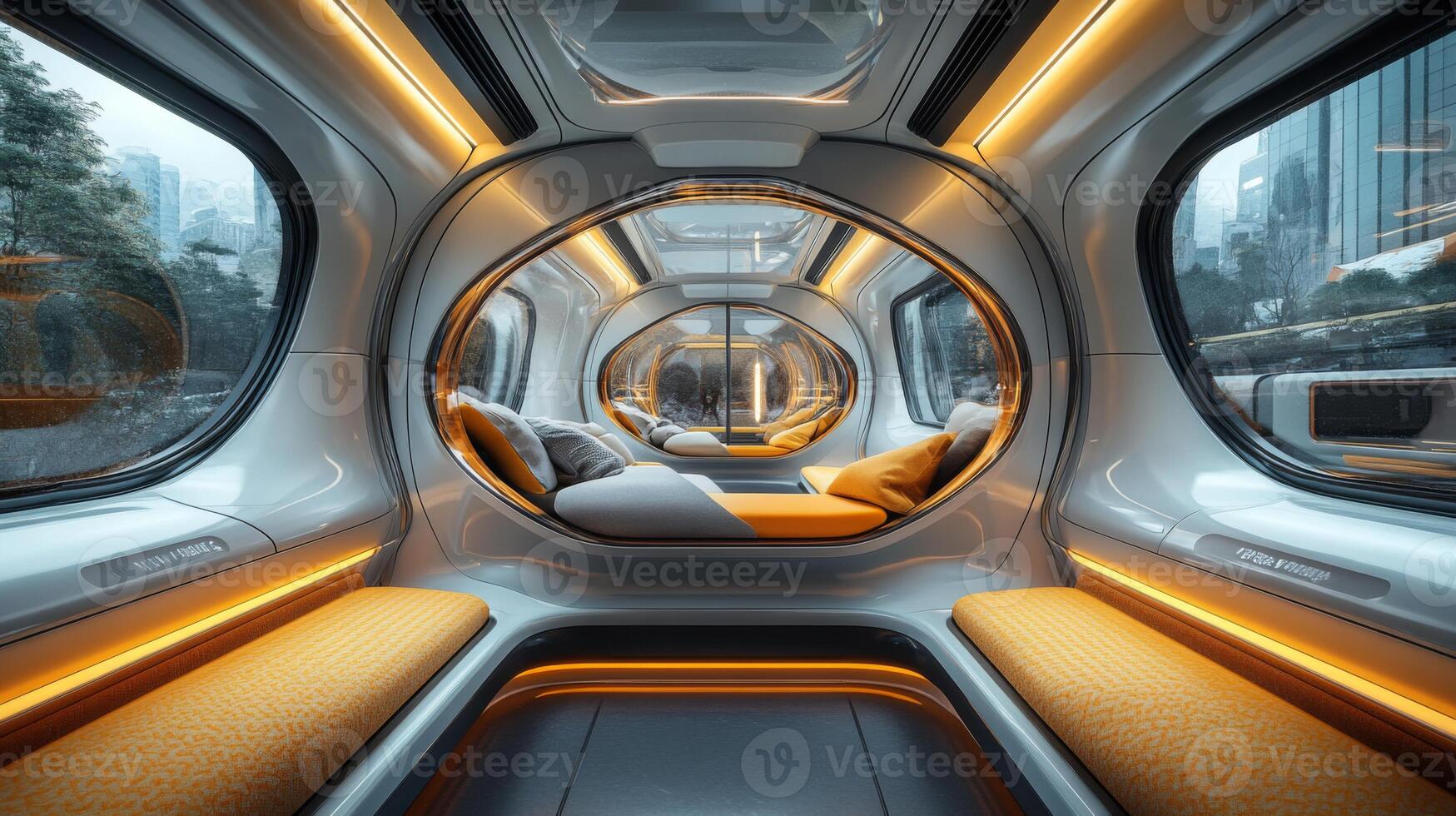 A modern train interior showcases sleek, spacious seating areas with ambient lighting and large windows, highlighting the futuristic design and smart technology integration for enhanced mobility. photo