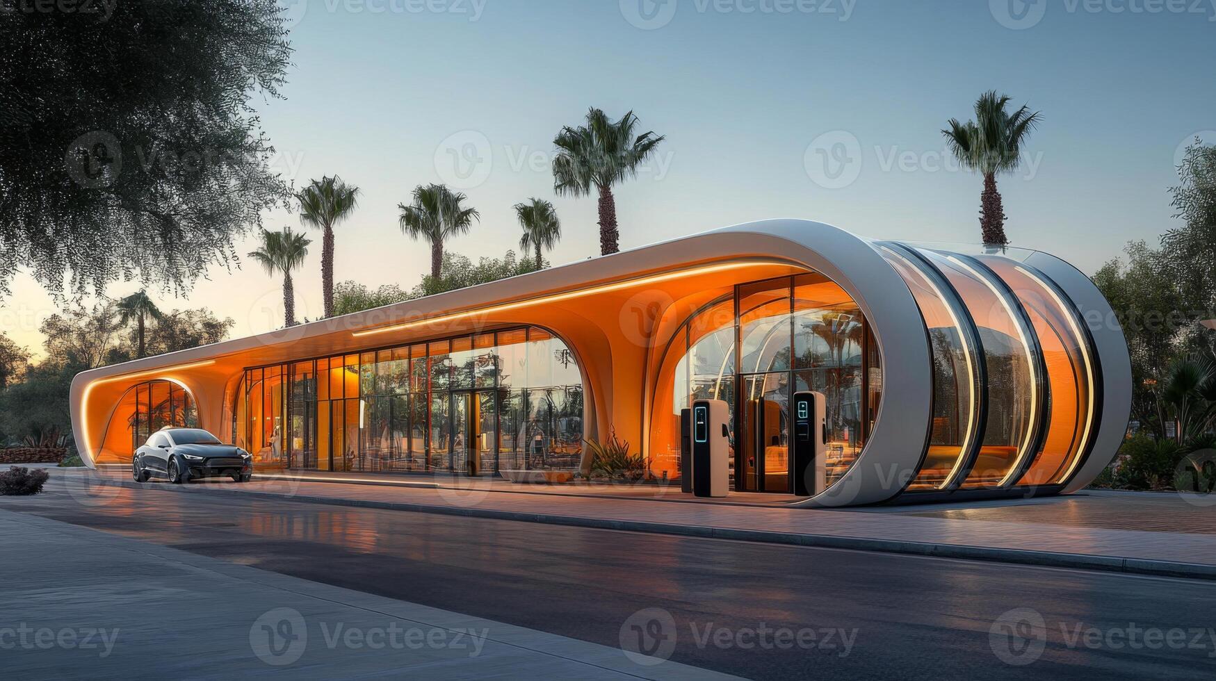 A futuristic electric vehicle charging station features sleek design and ample glass, surrounded by palm trees in a sunny desert setting. It highlights advancements in mobility and electrification. photo