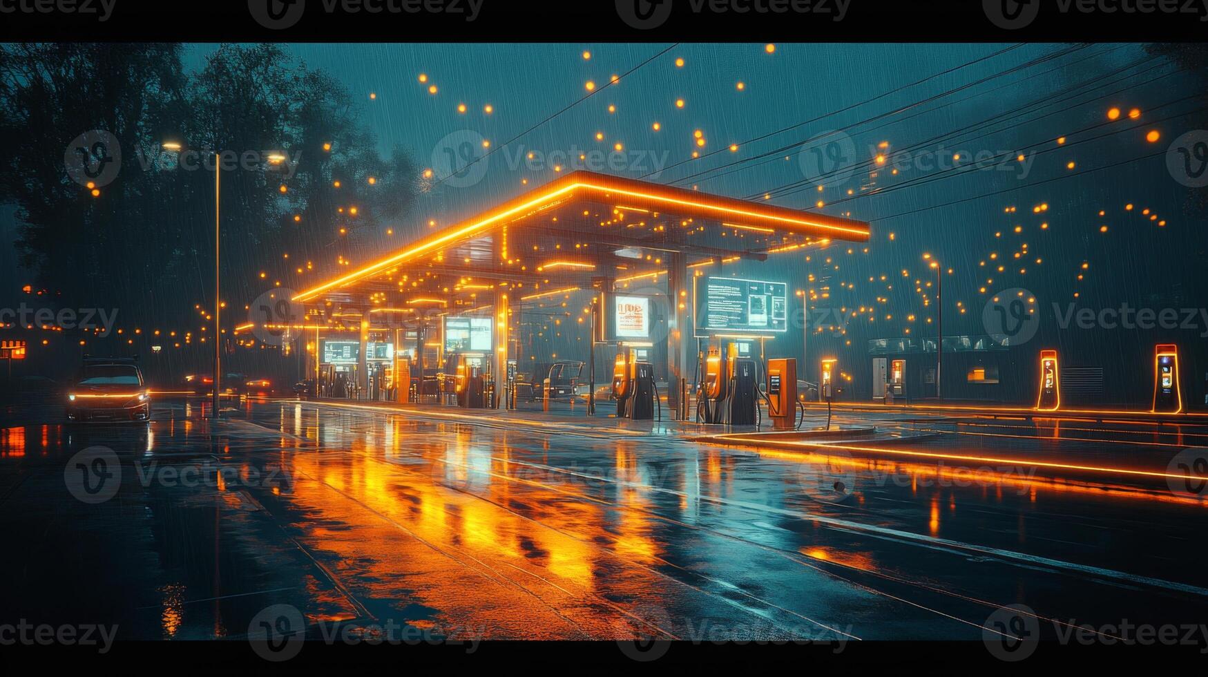 A vibrant electric vehicle station operates under rain soaked conditions, featuring illuminated charging points and displays. photo