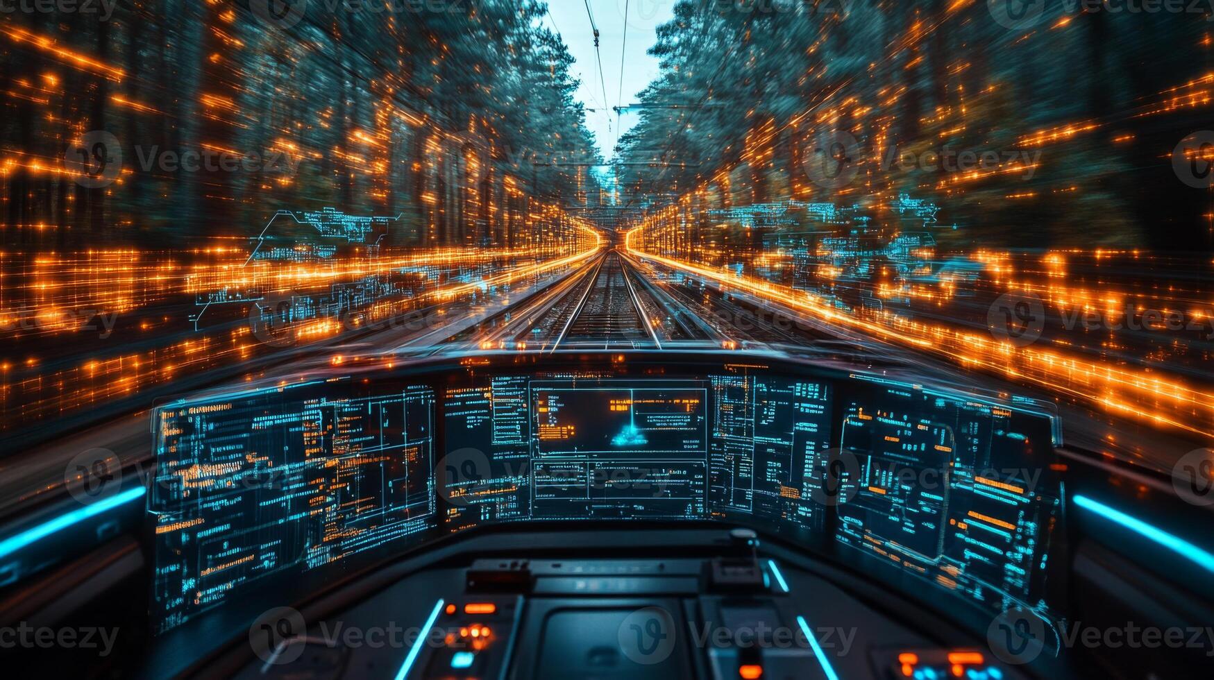 A viewpoint from a control center showcases high tech systems that enhance logistics and transportation, featuring data visualization while navigating a smart rail network. photo