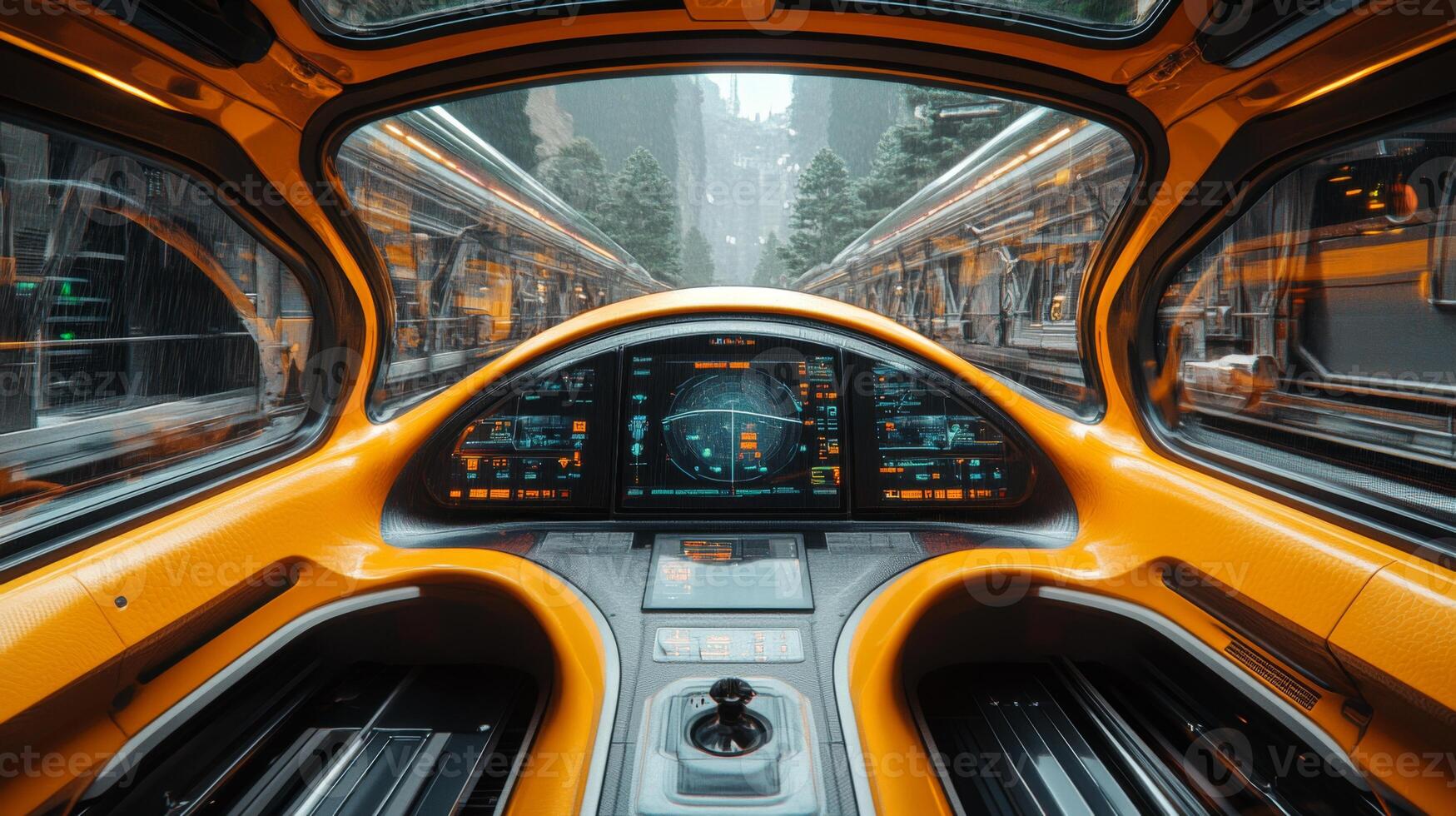A dynamic perspective from a transport control center highlighting advanced automation and mobility features through a high tech dashboard, set in an urban landscape with sleek, modern trains. photo