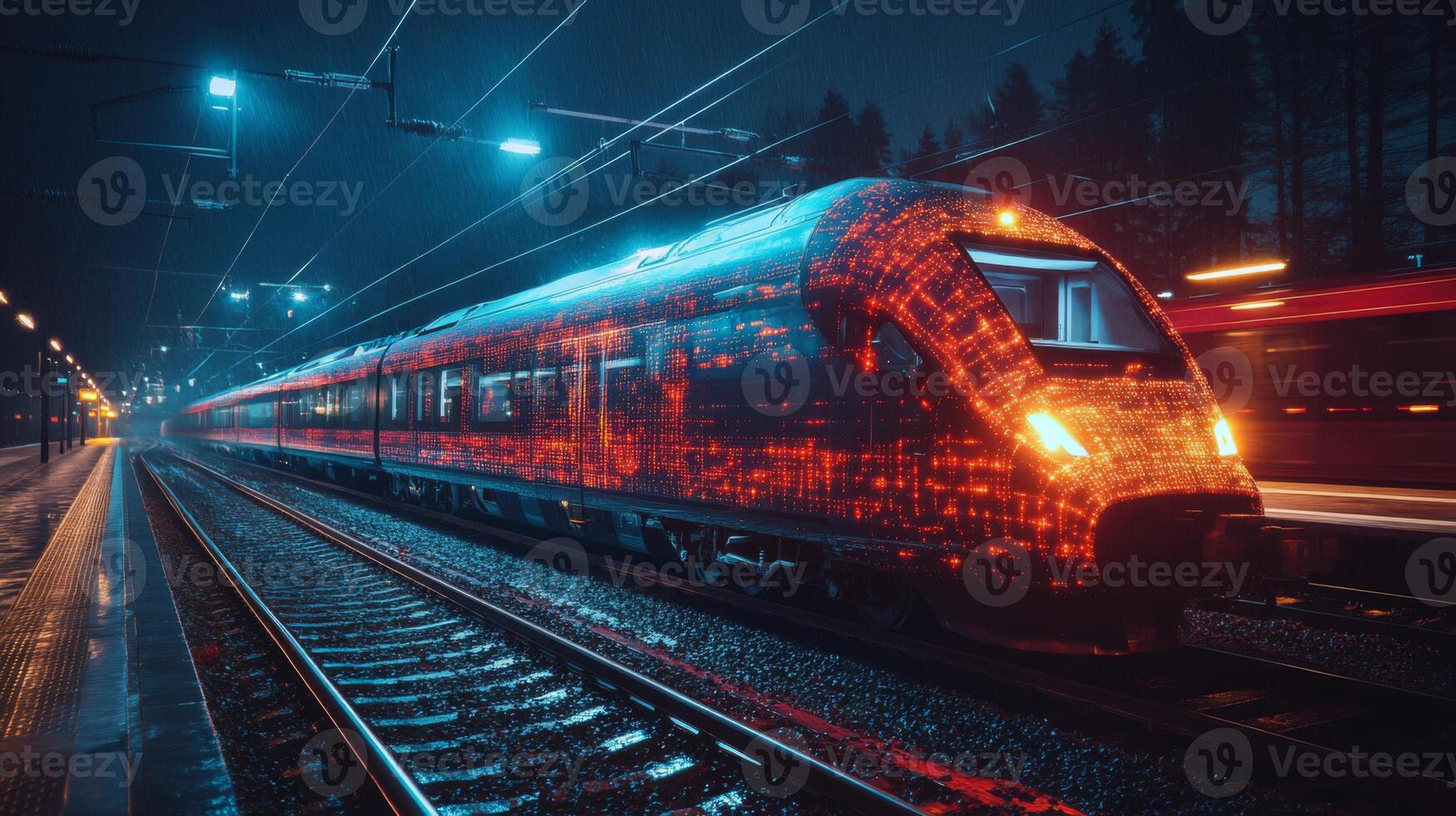 A smart train with digital features travels at night, showcasing advancements in automation and AI in transportation, while illuminated lights create a vibrant atmosphere. photo