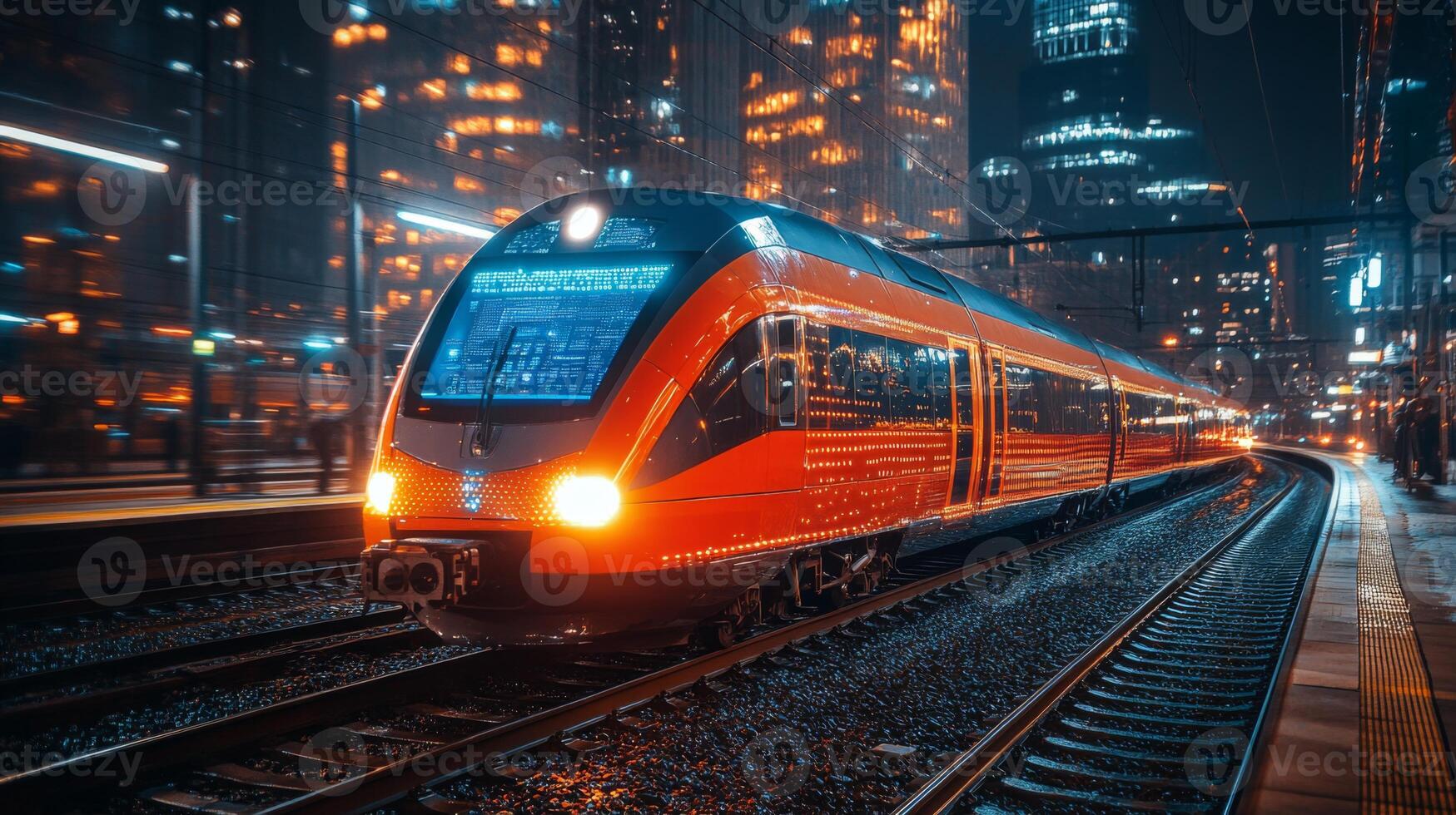An autonomous train glides through the city at night, showcasing advanced transportation technology amidst stunning urban lighting and infrastructure. photo