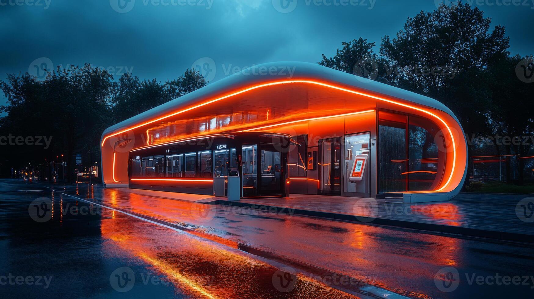 A futuristic electric vehicle charging station showcases advanced infrastructure for sustainable transportation, glowing brightly against a rainy urban backdrop at night. photo