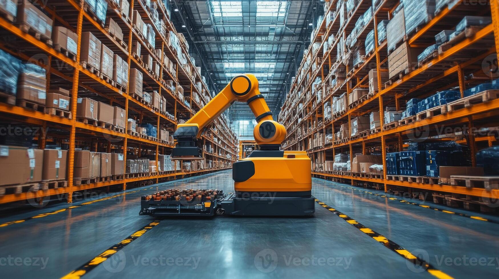 A yellow robotic arm efficiently handles goods in a warehouse filled with rows of shelves. The setting showcases automation in logistics during daytime operations. photo