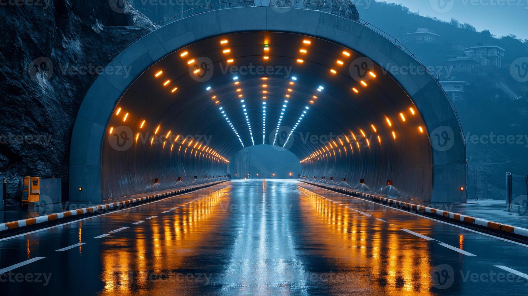 A modern tunnel designed for enhanced mobility features advanced lighting and reflective wet surfaces, emphasizing innovative automation and connectivity solutions for smarter transportation. photo