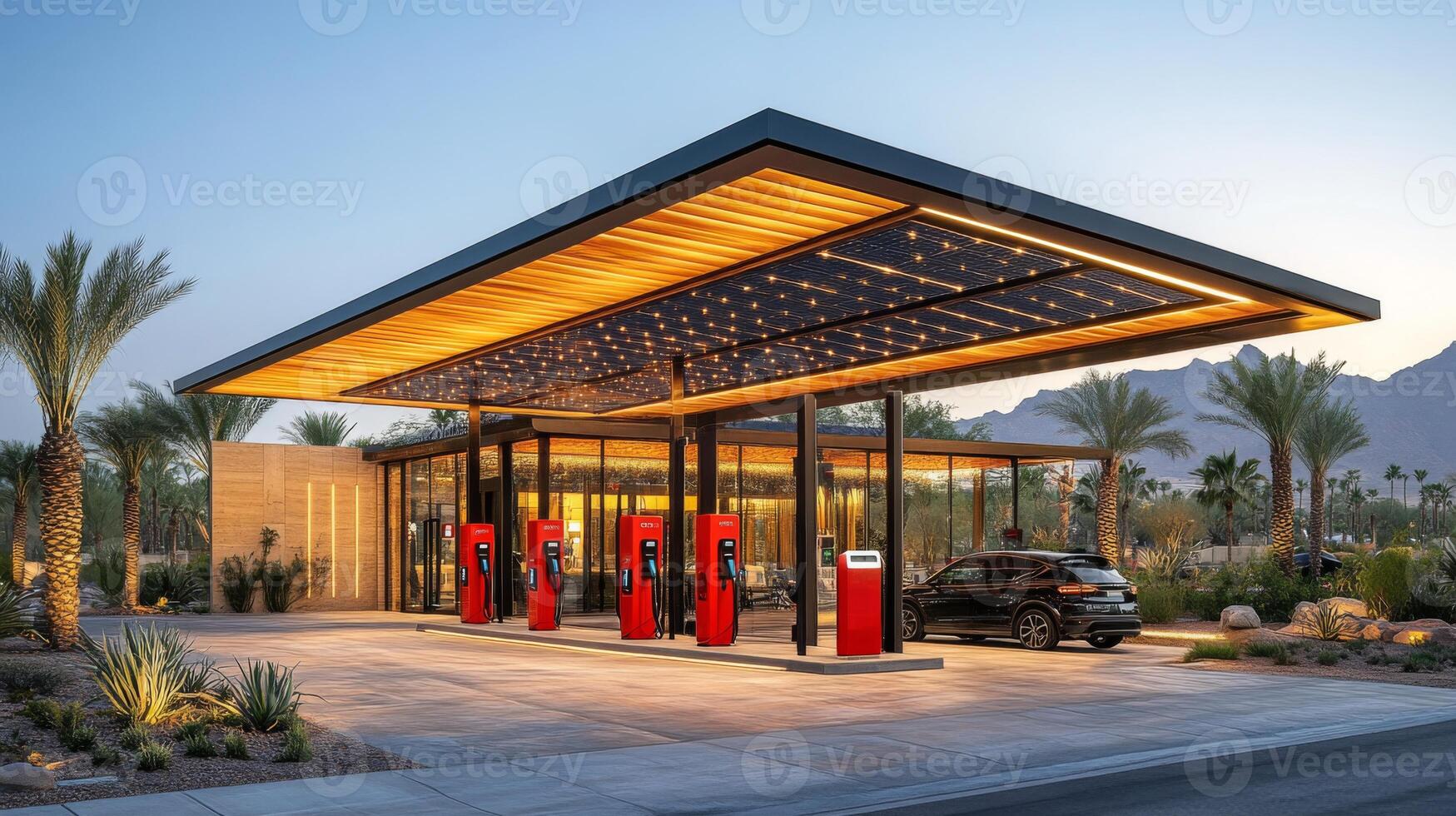 This location features several charging stations with sleek design, equipped for electric vehicles. The setting is illuminated by natural sunlight, surrounded by palm trees and mountains. photo