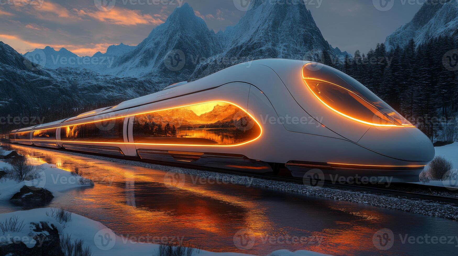 A sleek and modern autonomous train glides along a river in a snowy mountainous region during sunset. The innovative design features bright illumination, reflecting the surrounding beauty. photo