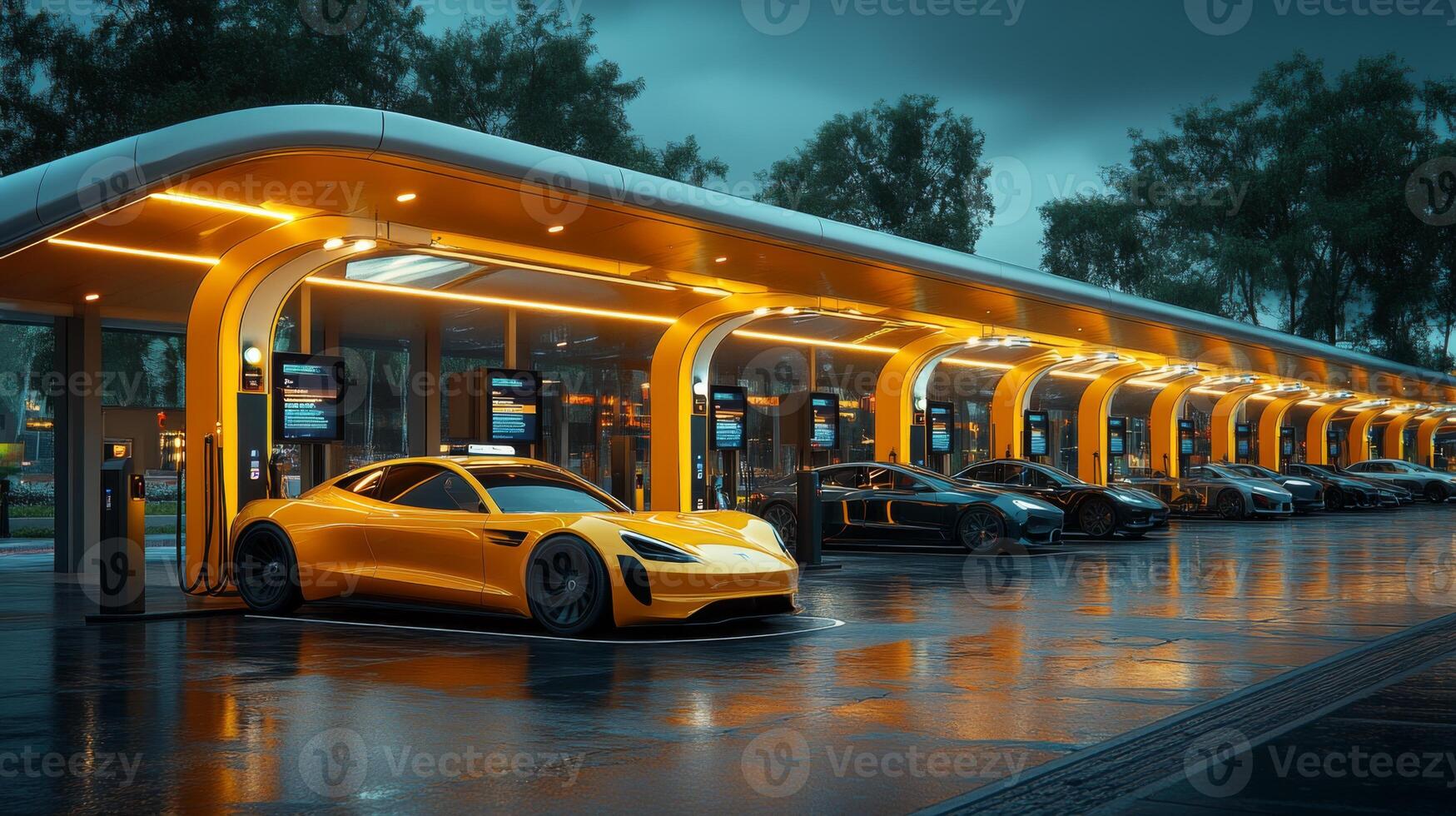 A vibrant electric vehicle charging station showcases sleek cars plugged in, illuminated by warm lighting, emphasizing the shift towards renewable energy and modern infrastructure. photo
