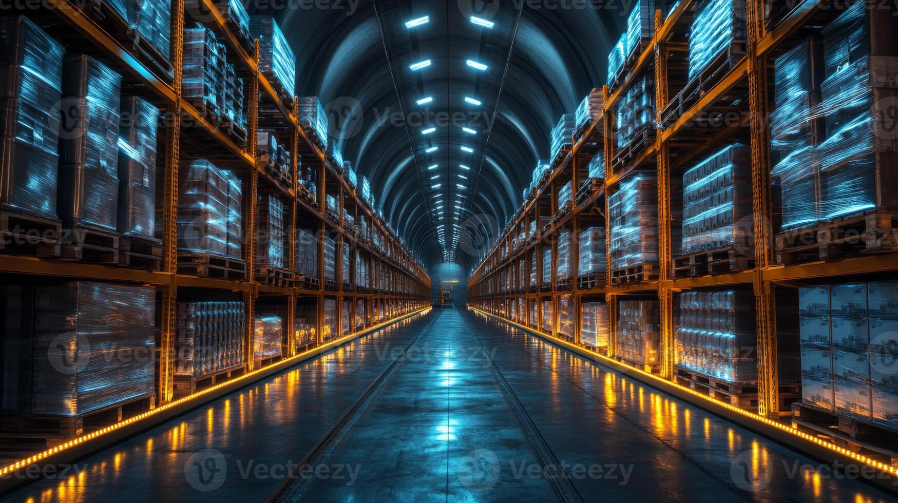 Advanced logistics center features automated systems enhancing mobility and distribution efficiency within a warehouse filled with neatly stacked pallets under dim lights. photo