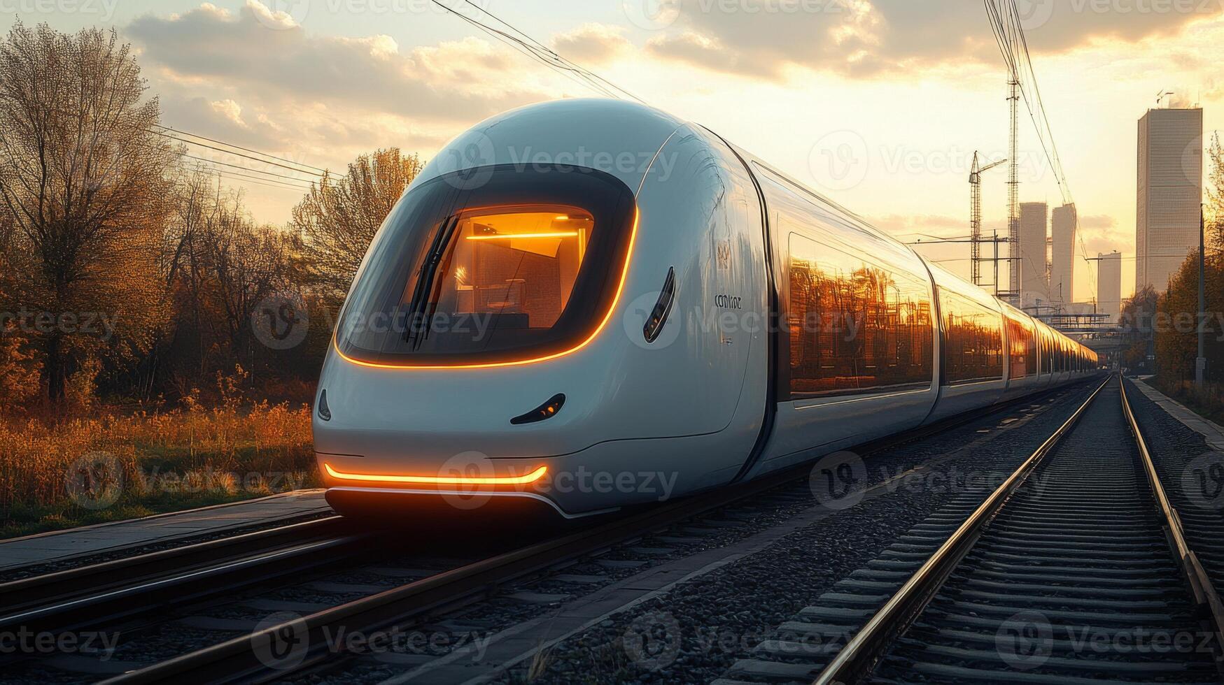 A modern smarttrain stands on the tracks during sunset, highlighting advancements in logistics and mobility through autonomous technology in urban areas. photo