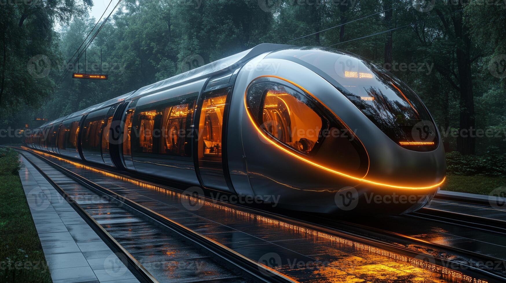 A sleek, futuristic train glides along illuminated tracks surrounded by lush greenery in an urban setting. The innovative design showcases advanced control systems and automation. photo