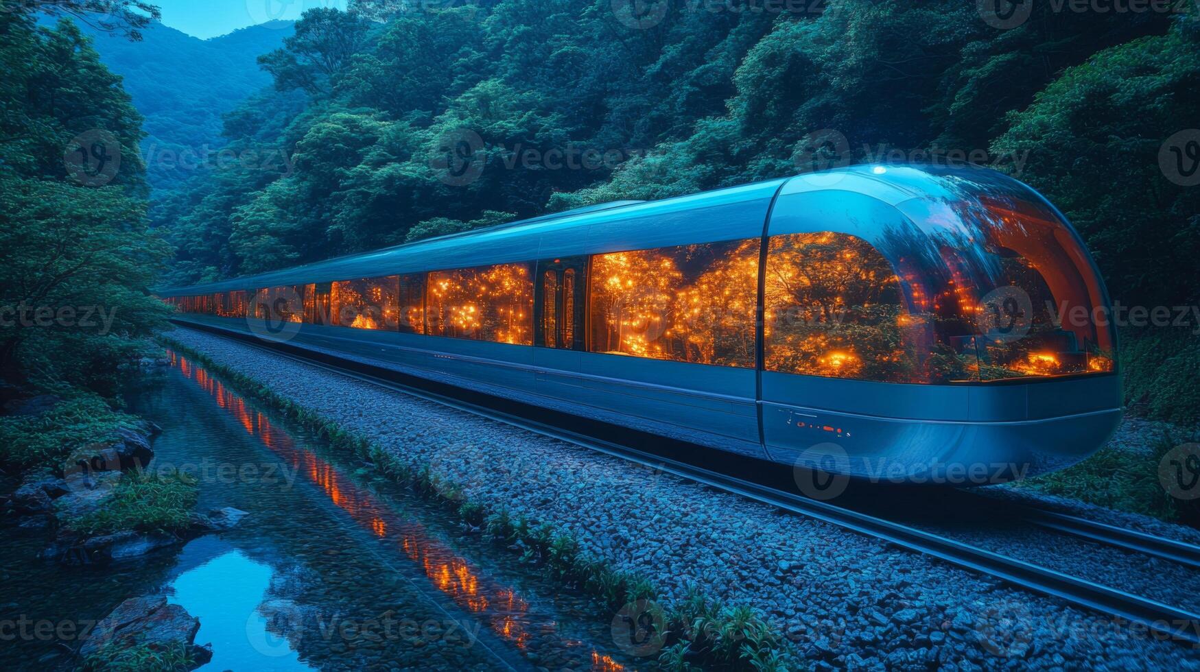 An advanced automated train moves silently along tracks beside a serene river in a vibrant forest during twilight, highlighting innovation in mobility and technology. photo
