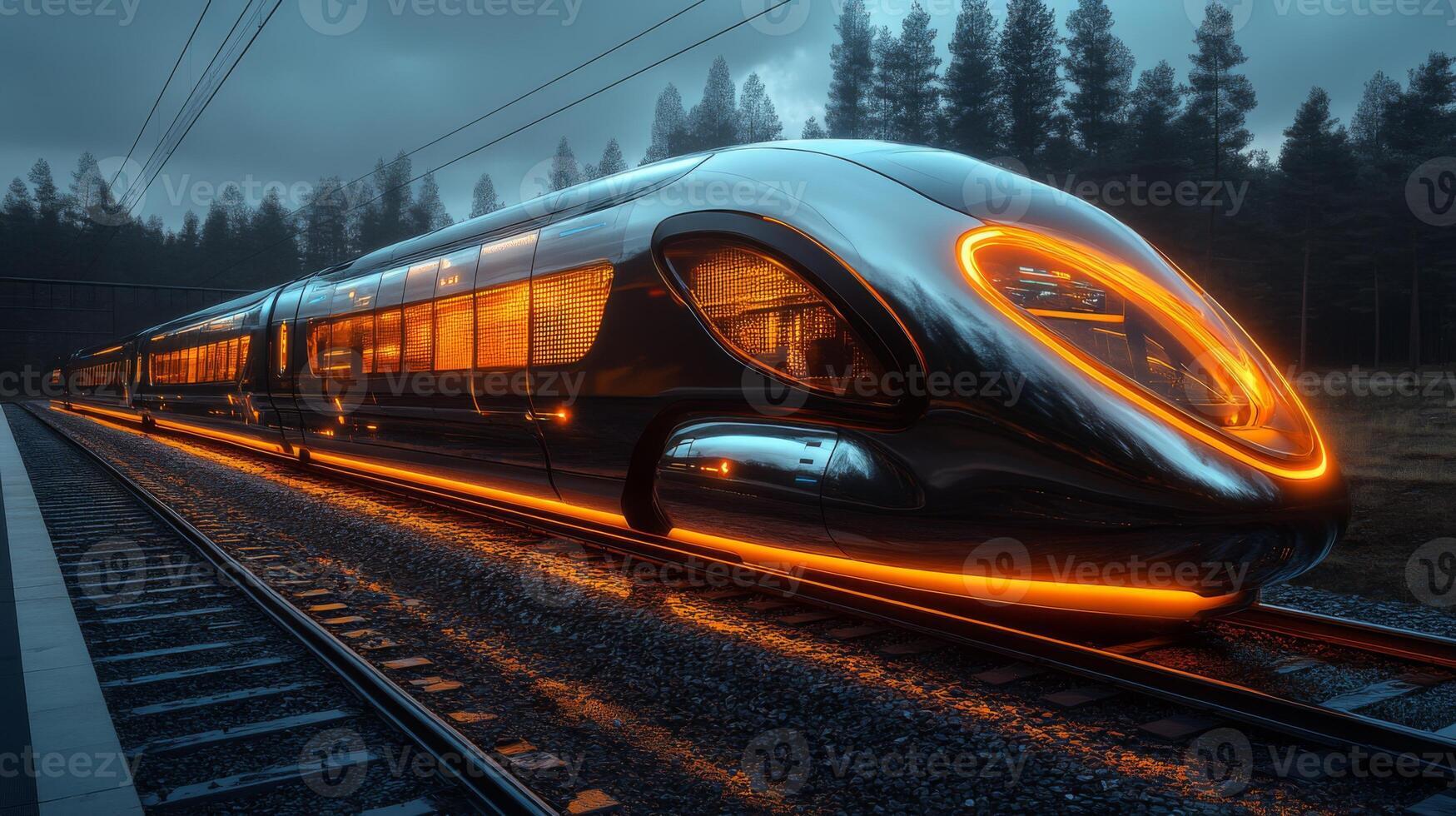 A futuristic smarttrain glows with bright orange lights as it stands on the railway tracks surrounded by dense trees at dusk, emphasizing modern automation in transportation infrastructure. photo